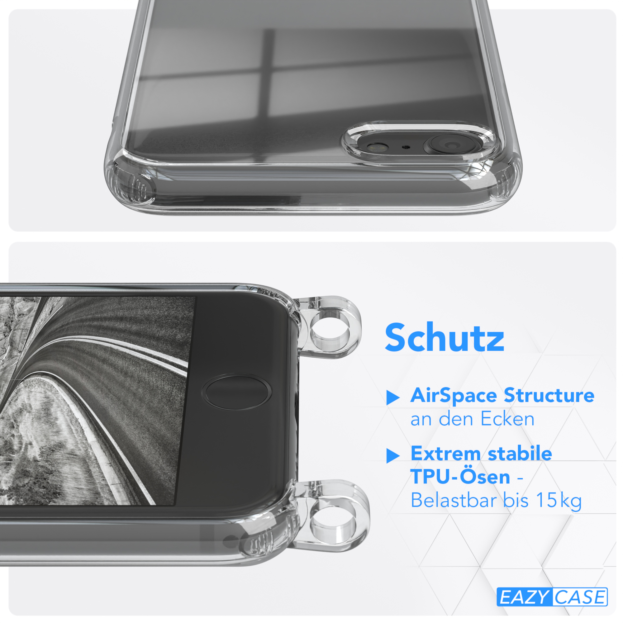 EAZY CASE Transparente Handyhülle Apple, iPhone Silber / + 2020, 7 SE runder Umhängetasche, SE iPhone 8, / mit Kordel 2022 Schwarz / Karabiner