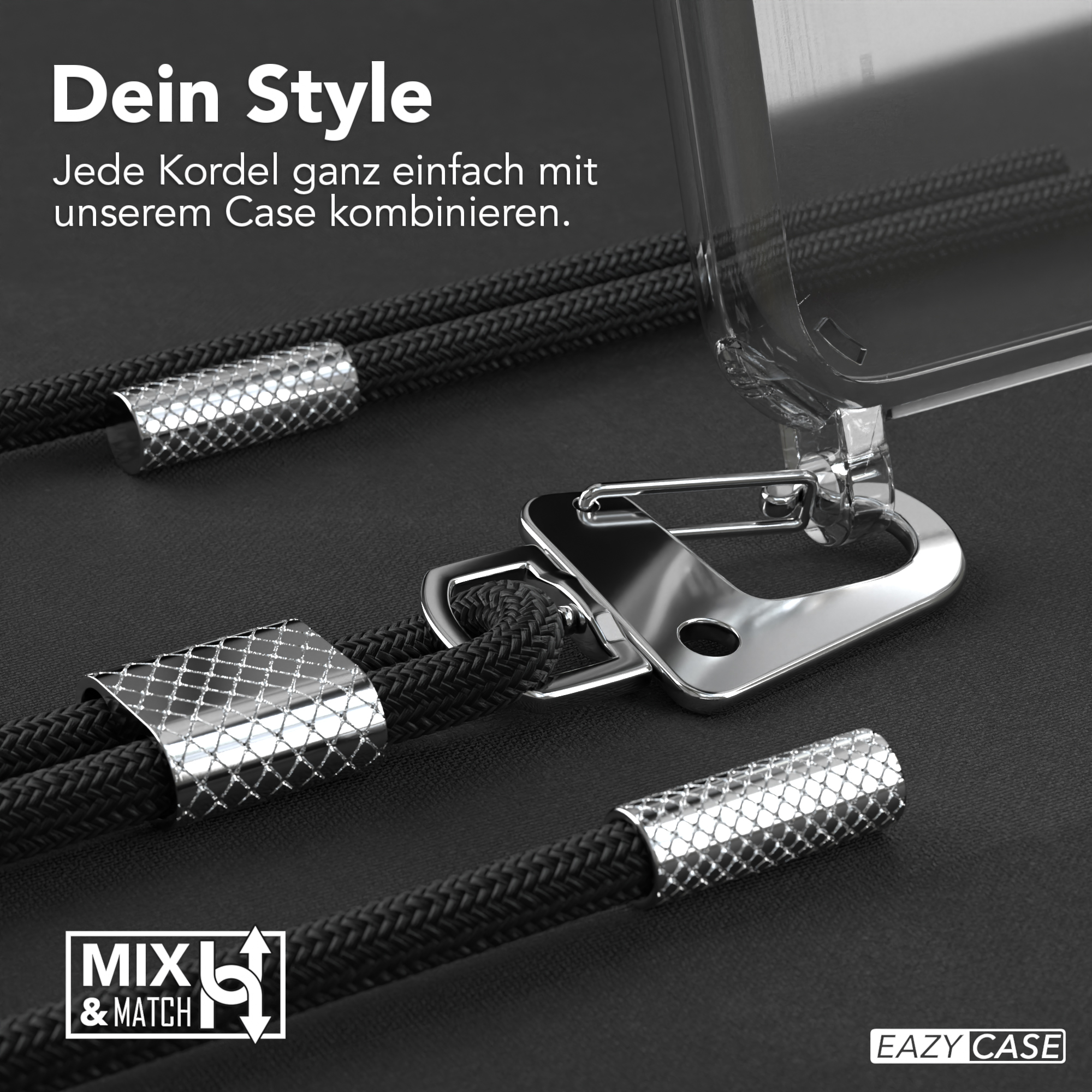 Nahaufnahme von Handybändern mit silberfarbenen Metallverbindern und schwarzem Seil.