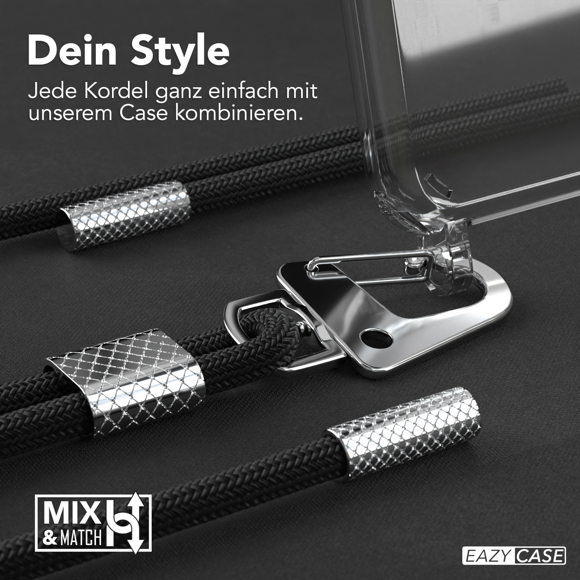 Nahaufnahme von Handykordeln mit silbernen Akzenten und Haken. Der Text lautet MXL & MATCH.