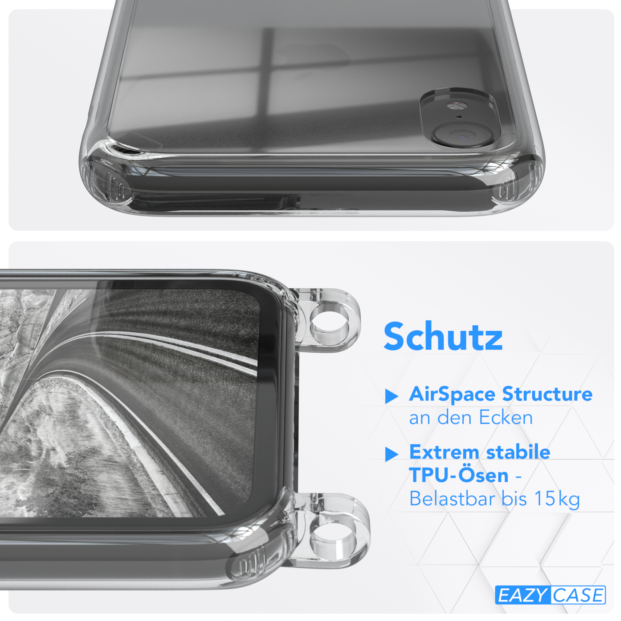Nahaufnahme einer Handyhülle. Textetiketten: AirSpace Structure, Stabile TPU-Ösen.