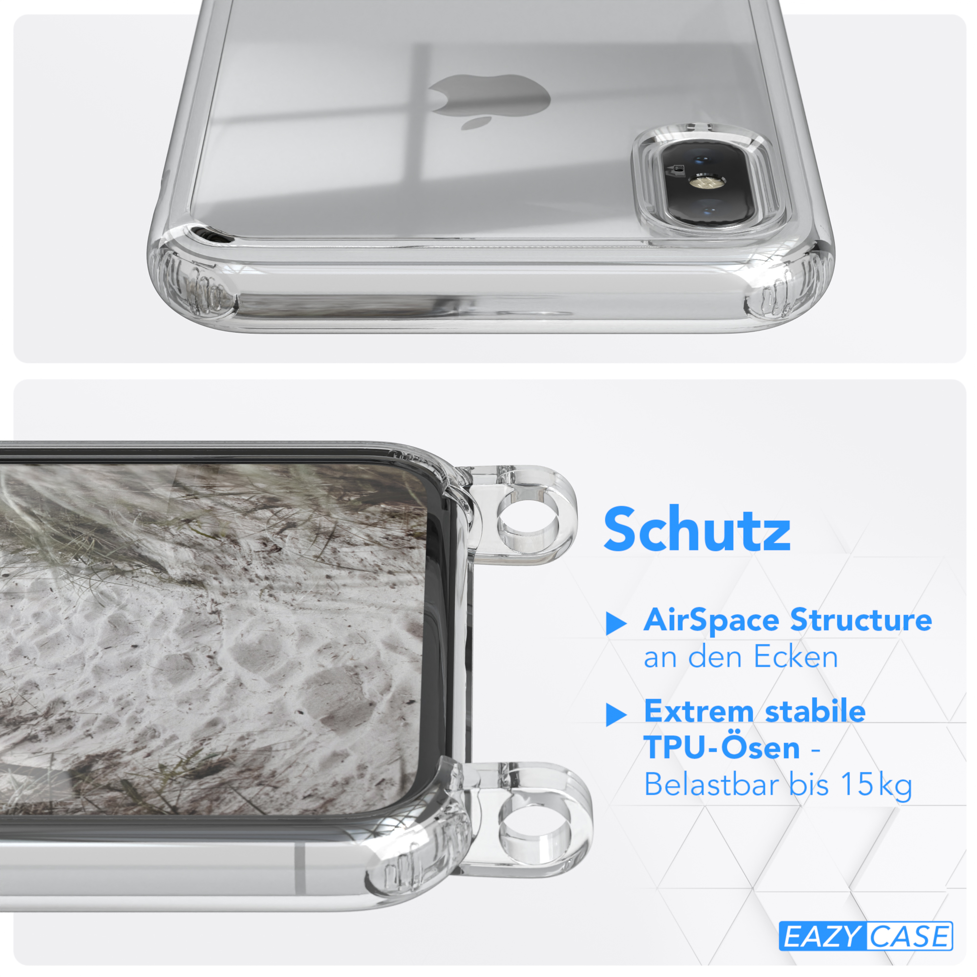 Transparente Handyhülle mit Strandlandschaft. Die Hülle zeigt das Telefon mit sandigem Hintergrund.