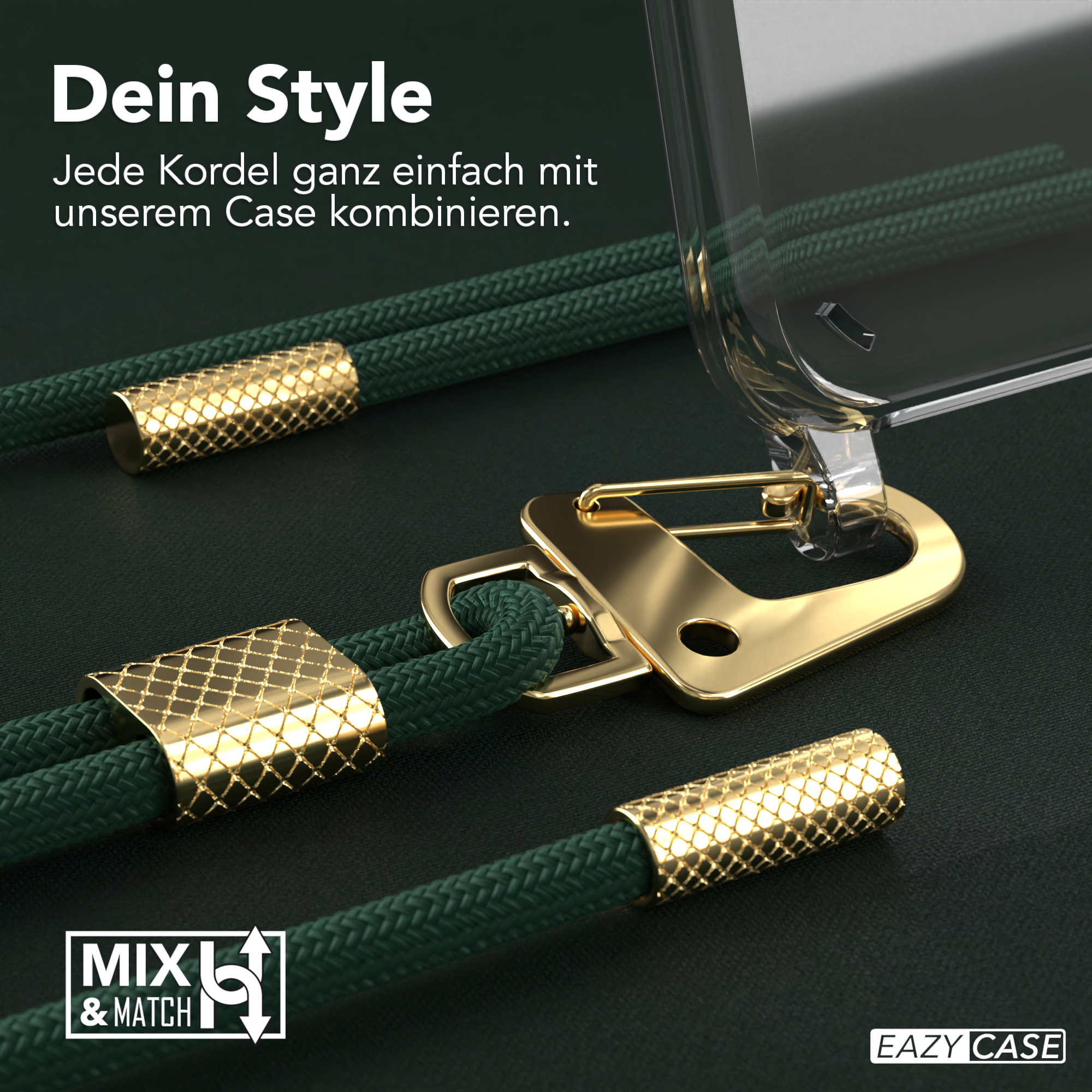Ein grünes Handykabel mit goldenen Accessoires. Der Hintergrund ist dunkelgrün mit Text.