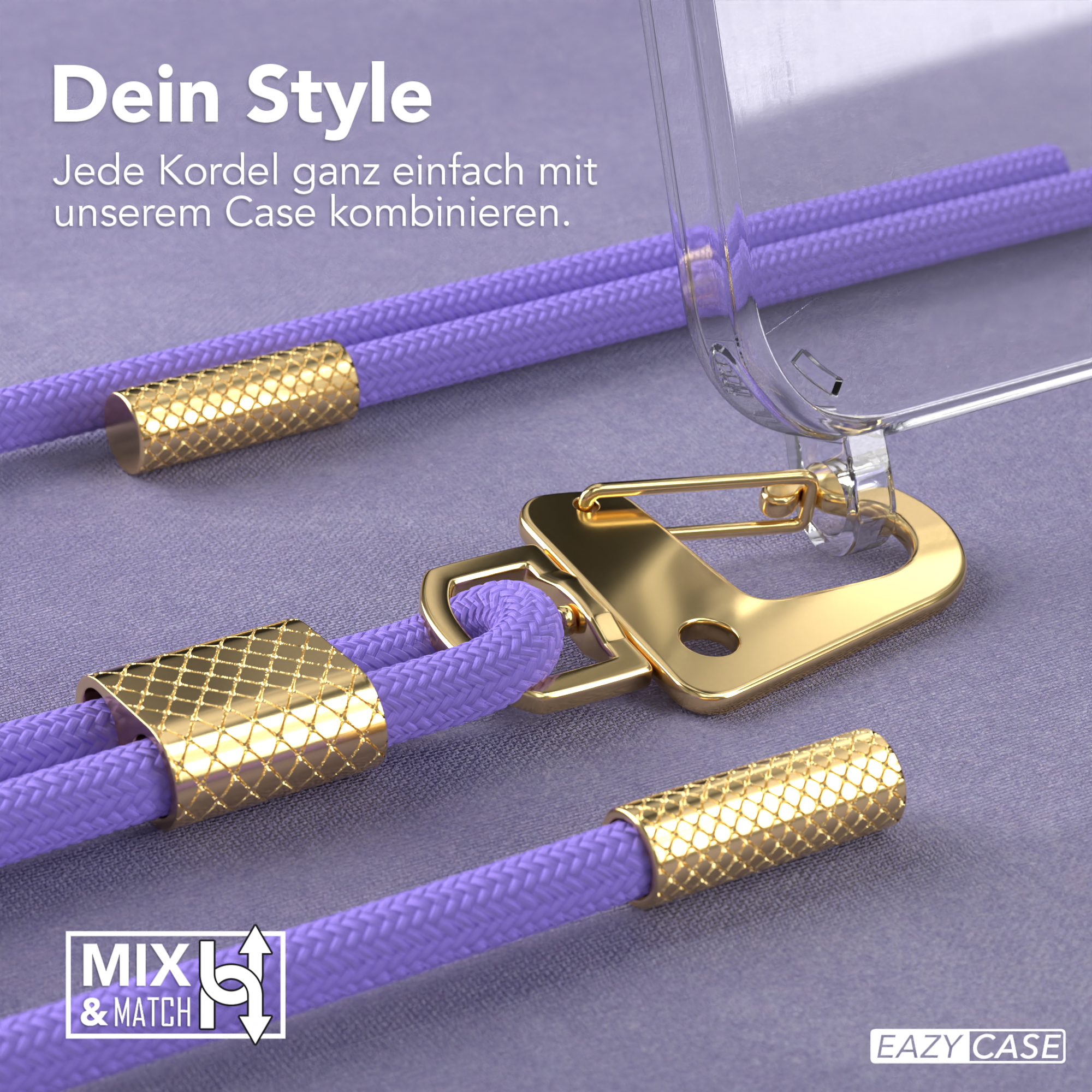 Nahaufnahme eines lila Telefon-Lanyards mit goldenen Akzenten, befestigt an einer Handyhülle.