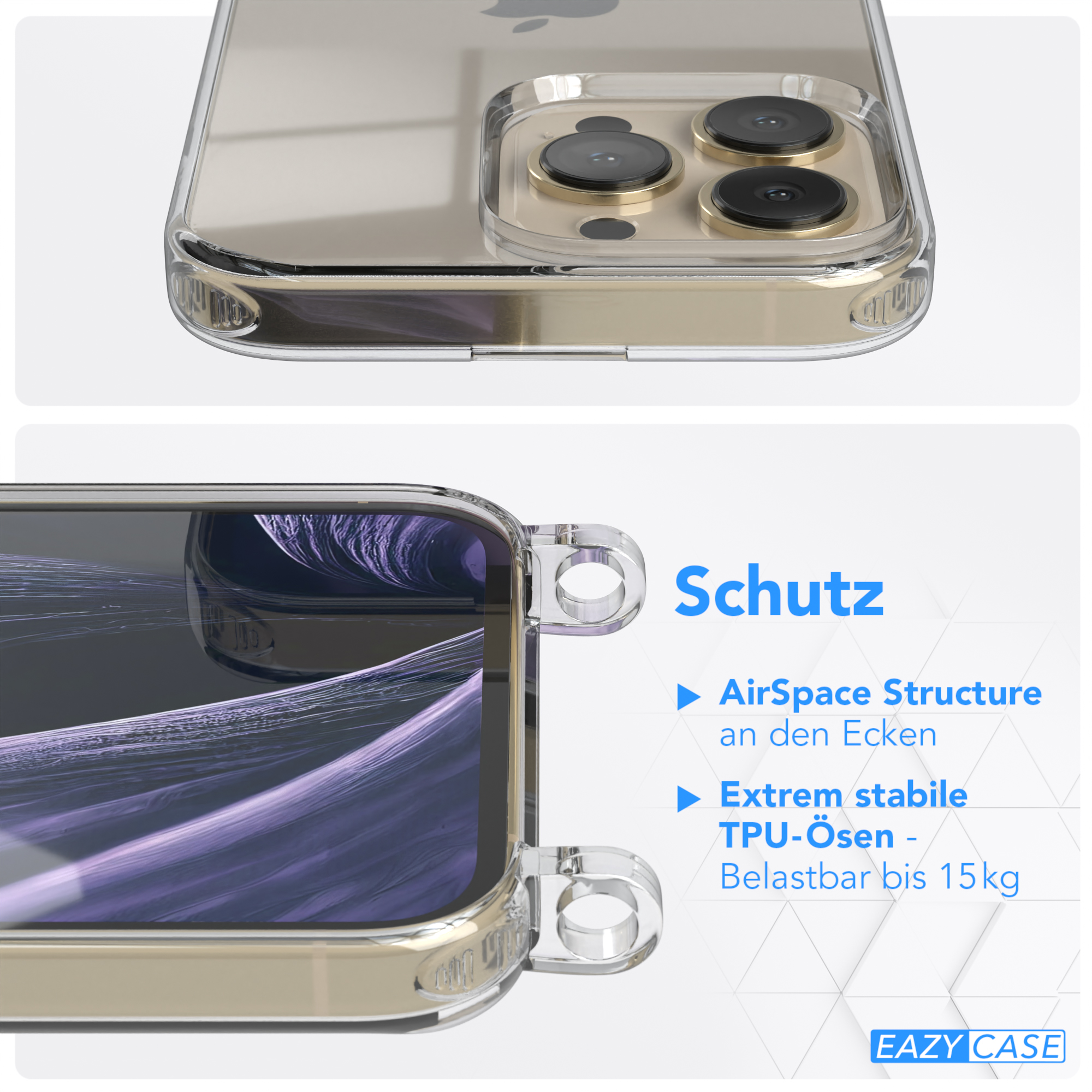 EAZY CASE Transparente Handyhülle mit + Lila Flieder Umhängetasche, iPhone 13 Gold Pro, runder / Kordel Karabiner, Apple