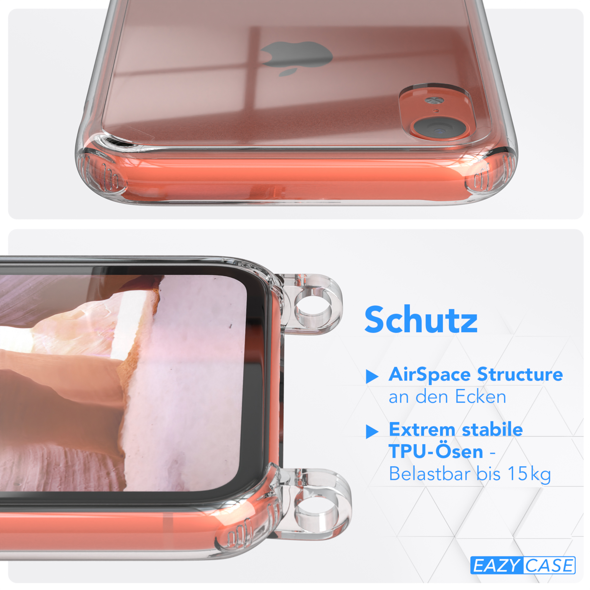 iPhone Transparente EAZY Umhängetasche, XR, Altrosa Kordel Gold Handyhülle Karabiner, / + Apple, runder CASE mit
