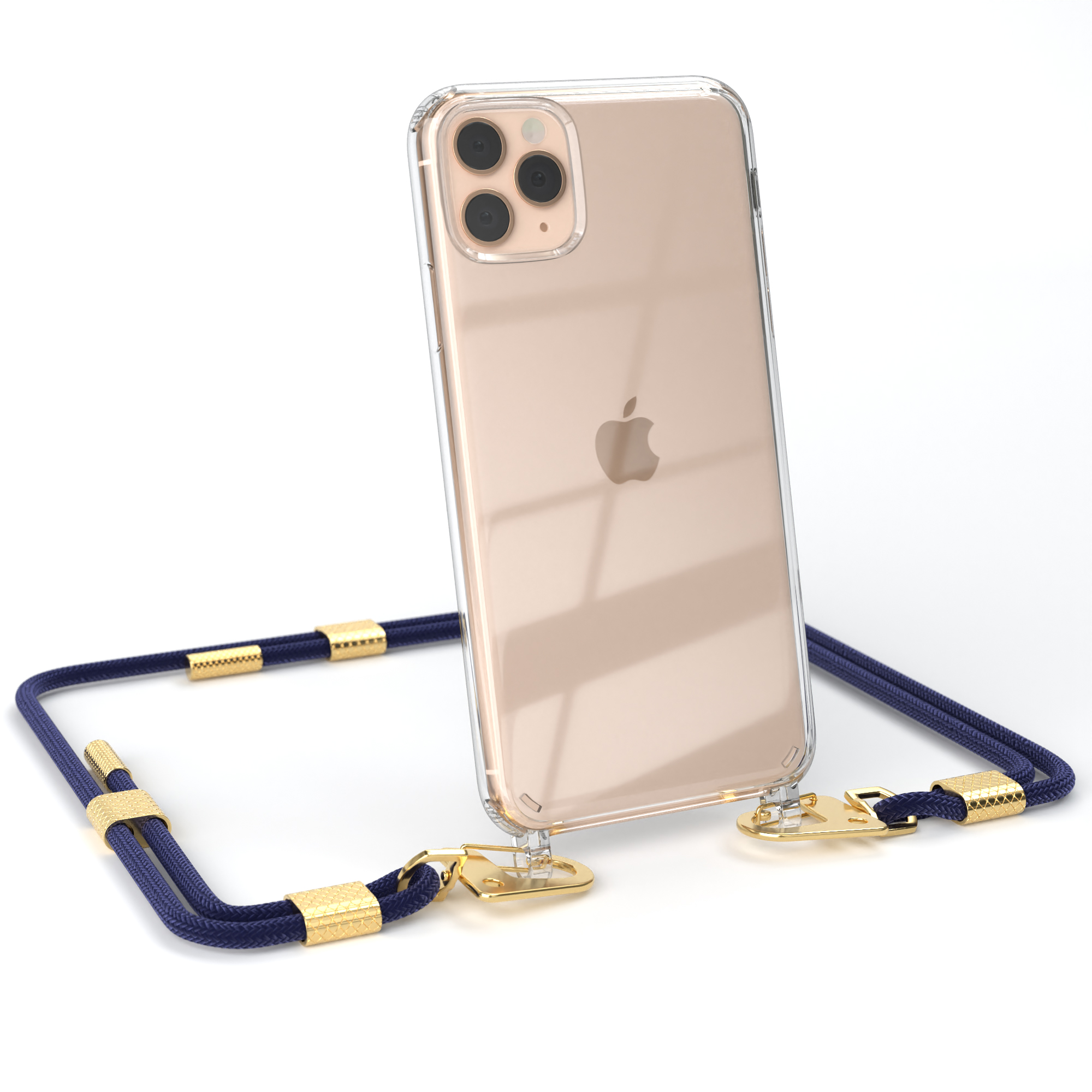 Telefon mit blauem Kabel. Das Telefon ist transparent. Der Hintergrund ist weiß.