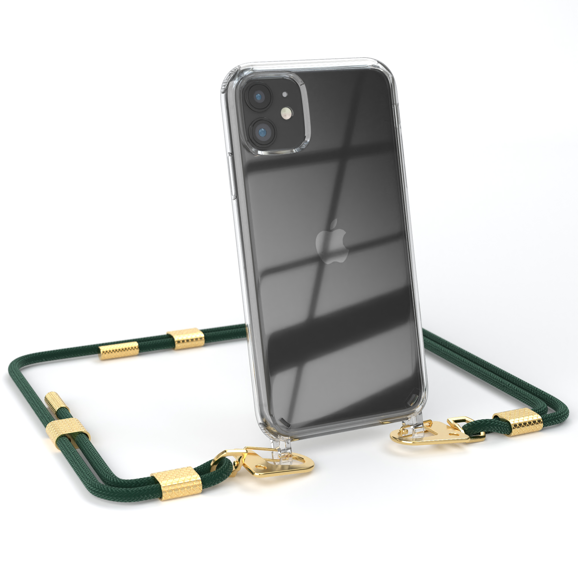 Transparente Handyhülle mit grünem Lanyard. Telefon wird aufrecht gehalten.