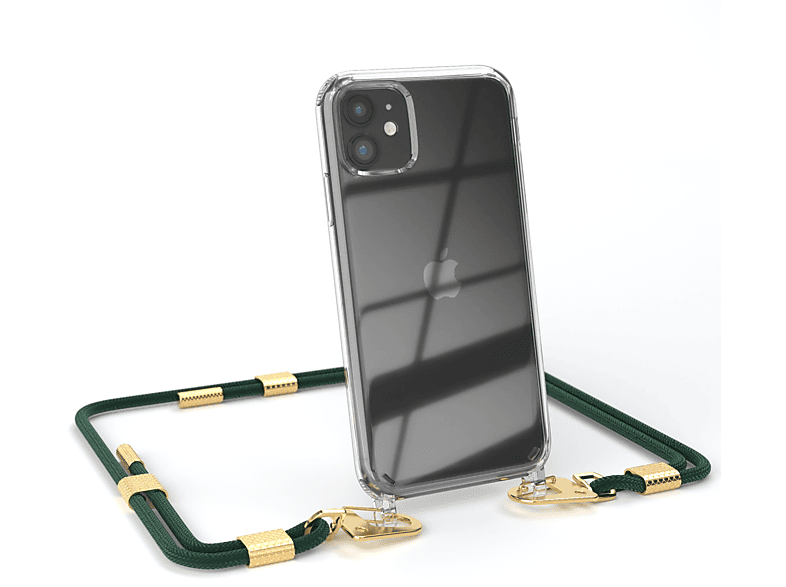 EAZY CASE Transparente Handyhülle mit runder Kordel + Karabiner, Umhängetasche, Apple, iPhone 11, Nachtgrün / Gold
