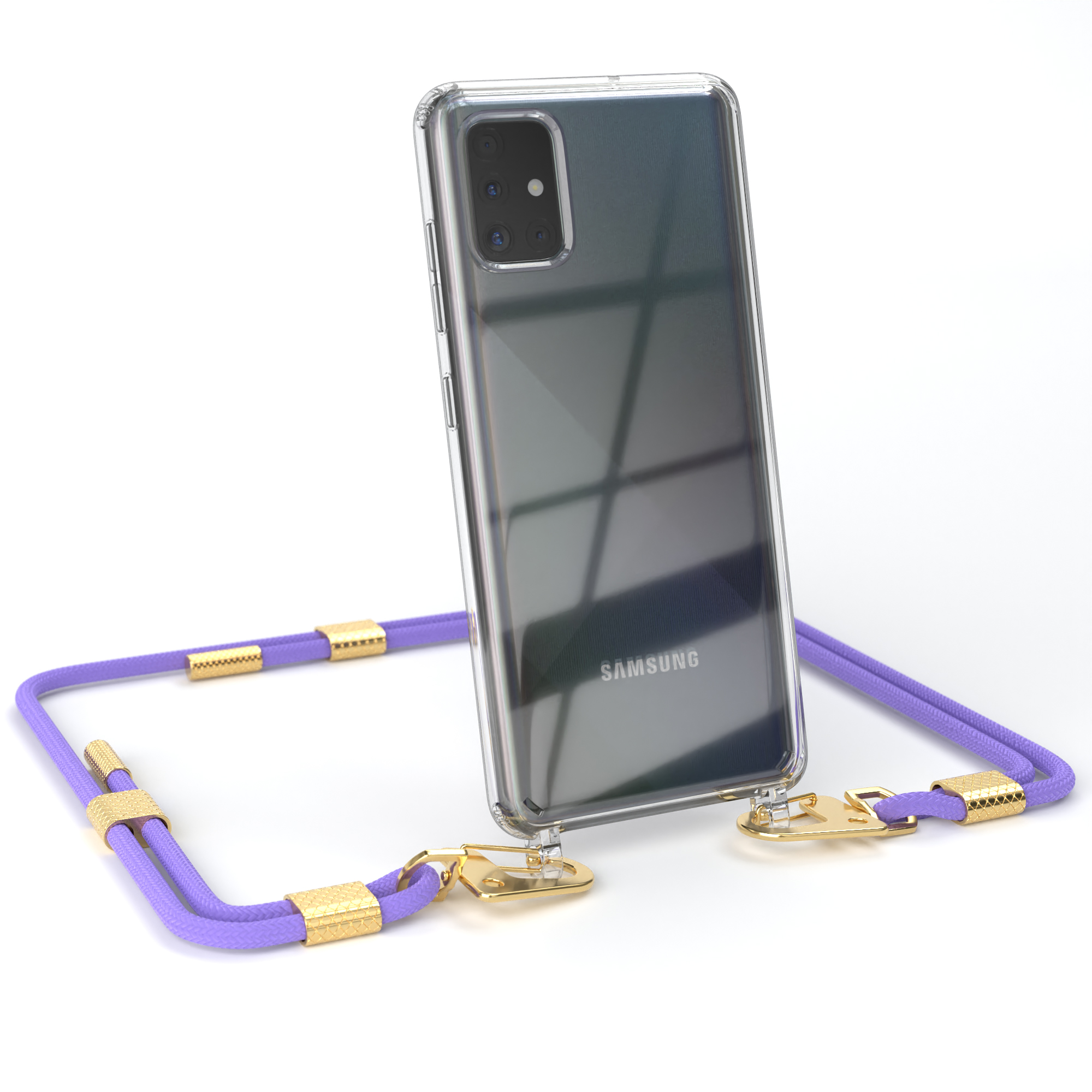 Transparente Handyhülle mit lila Kordel und goldenen Details, Samsung-Telefon.