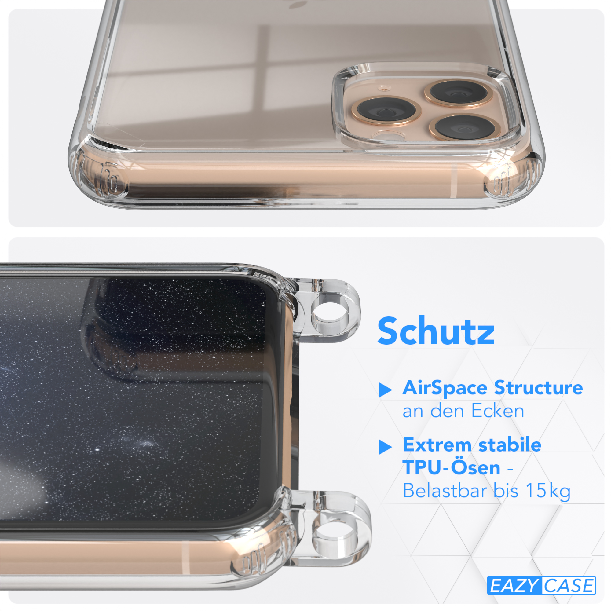 Nahaufnahme einer durchsichtigen Handyhülle mit Telefon, dunkle Weltraum-Szene. Text auf Deutsch.