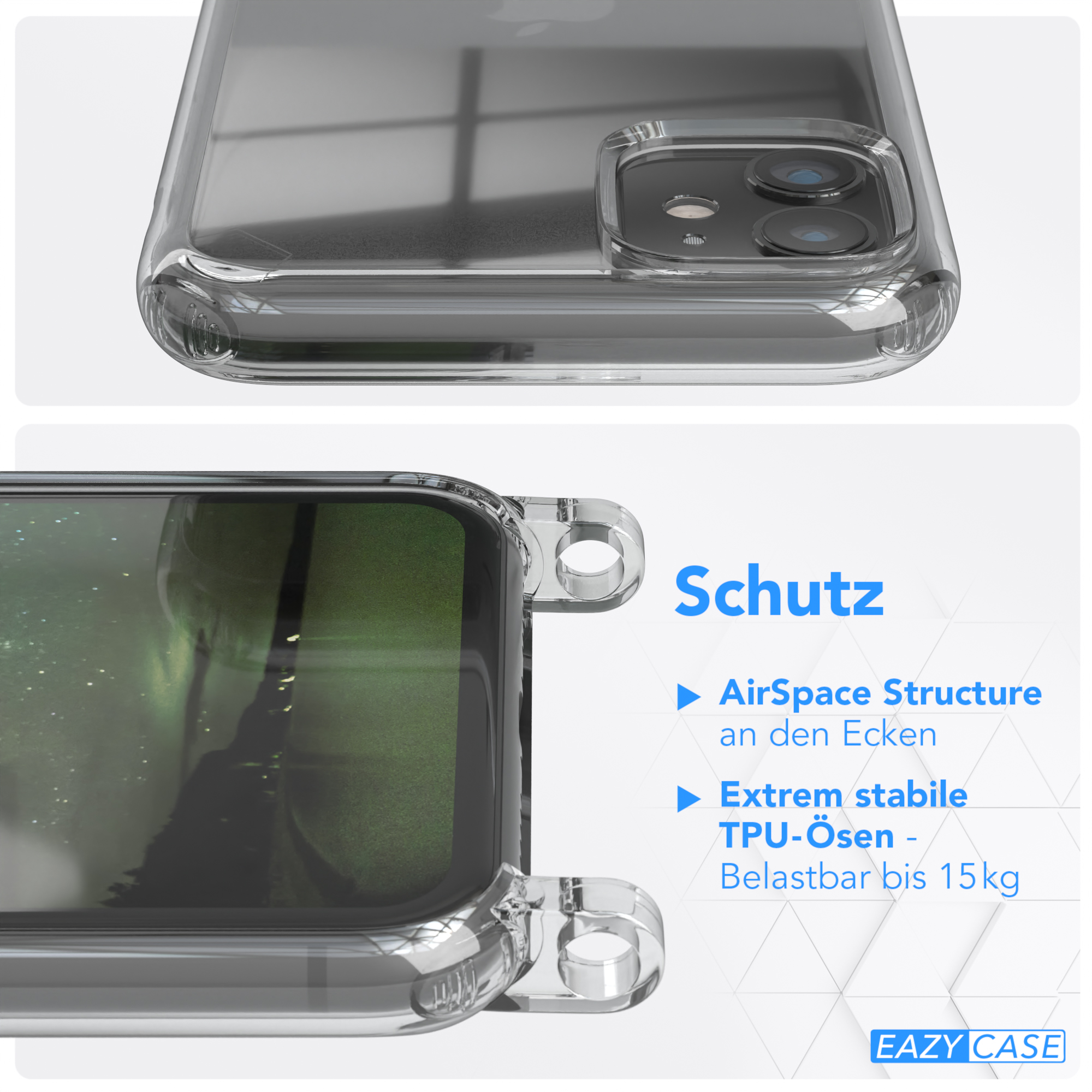 EAZY CASE Apple, 11, iPhone mit / + runder Karabiner, Umhängetasche, Gold Transparente Nachtgrün Handyhülle Kordel