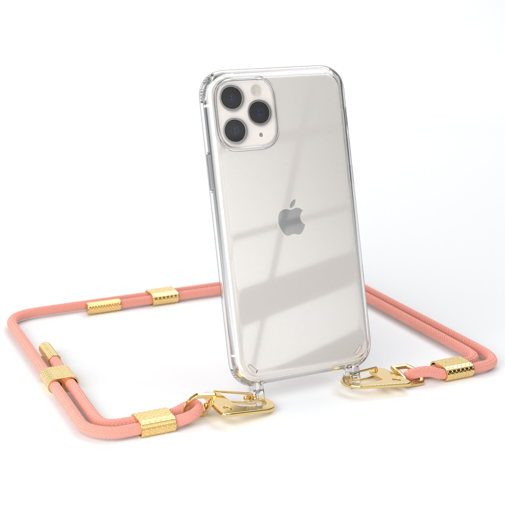 Ein Telefon in einer transparenten Hülle mit einem rosa Lanyard. Das Telefon hat eine Kamera und ein Apple-Logo.