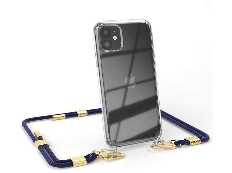 EAZY CASE Transparente Handyhülle mit runder Kordel + Karabiner, Umhängetasche, Apple, iPhone 11, Nachtblau / Gold