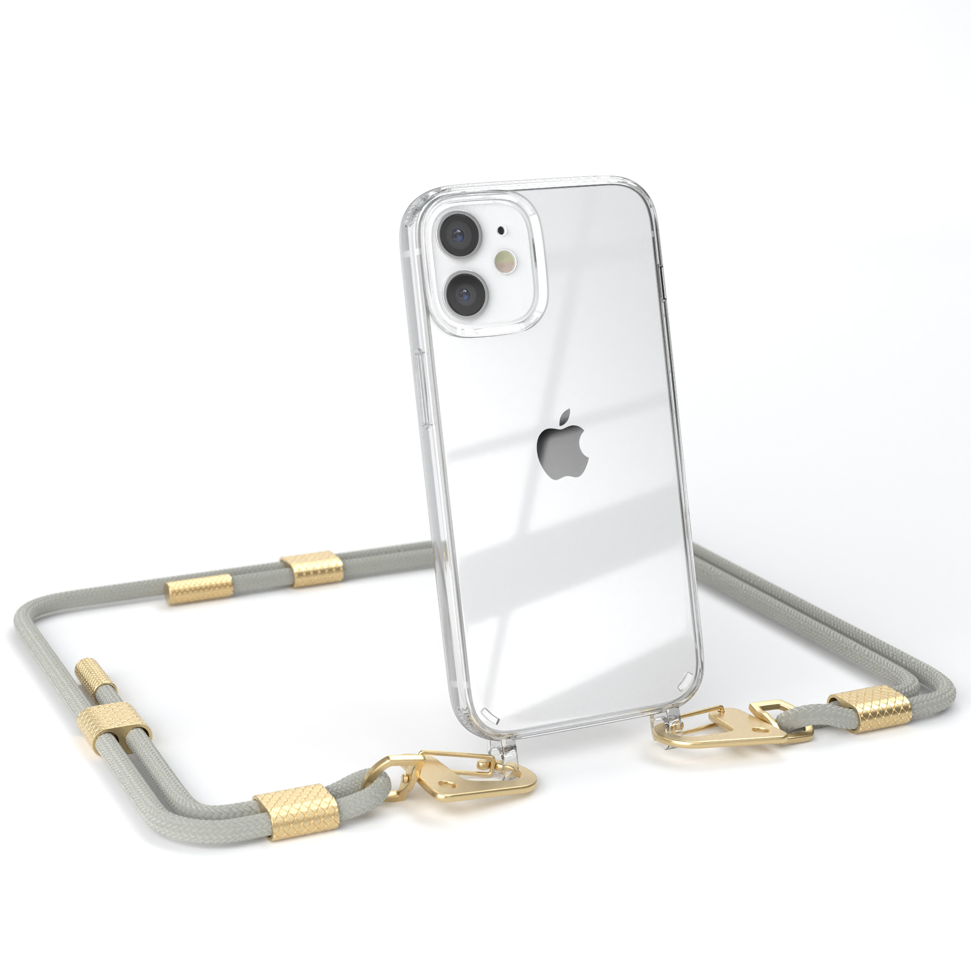 Telefon in klarer Hülle mit grauem Umhängeband. Umhängeband hat goldene Akzente und ist befestigt.