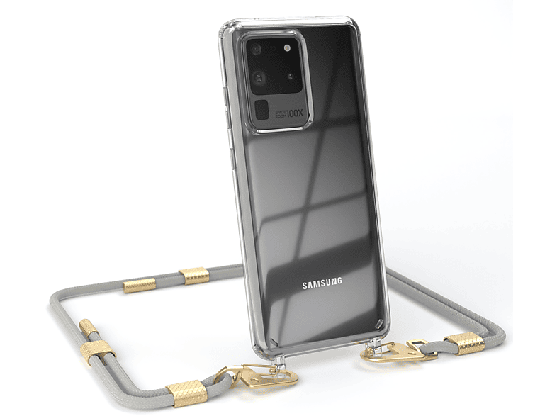 EAZY CASE Transparente Handyhülle Samsung, Karabiner, S20 Ultra Beige runder Taupe + Galaxy / / Ultra Matt Umhängetasche, Gold 5G, mit Kordel S20