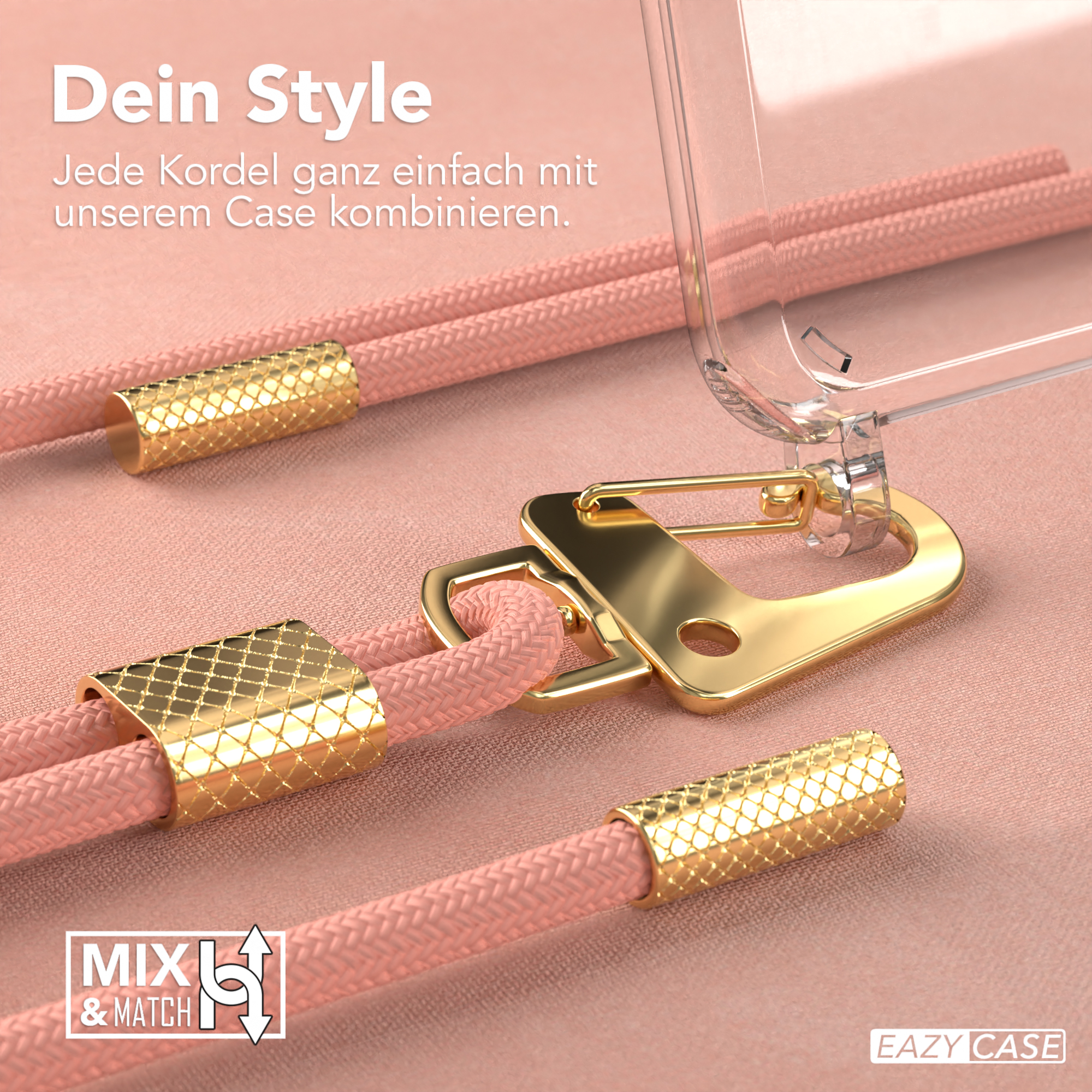 Nahaufnahme einer Handyhülle mit rosa geflochtenem Riemen und goldfarbener Hardware.