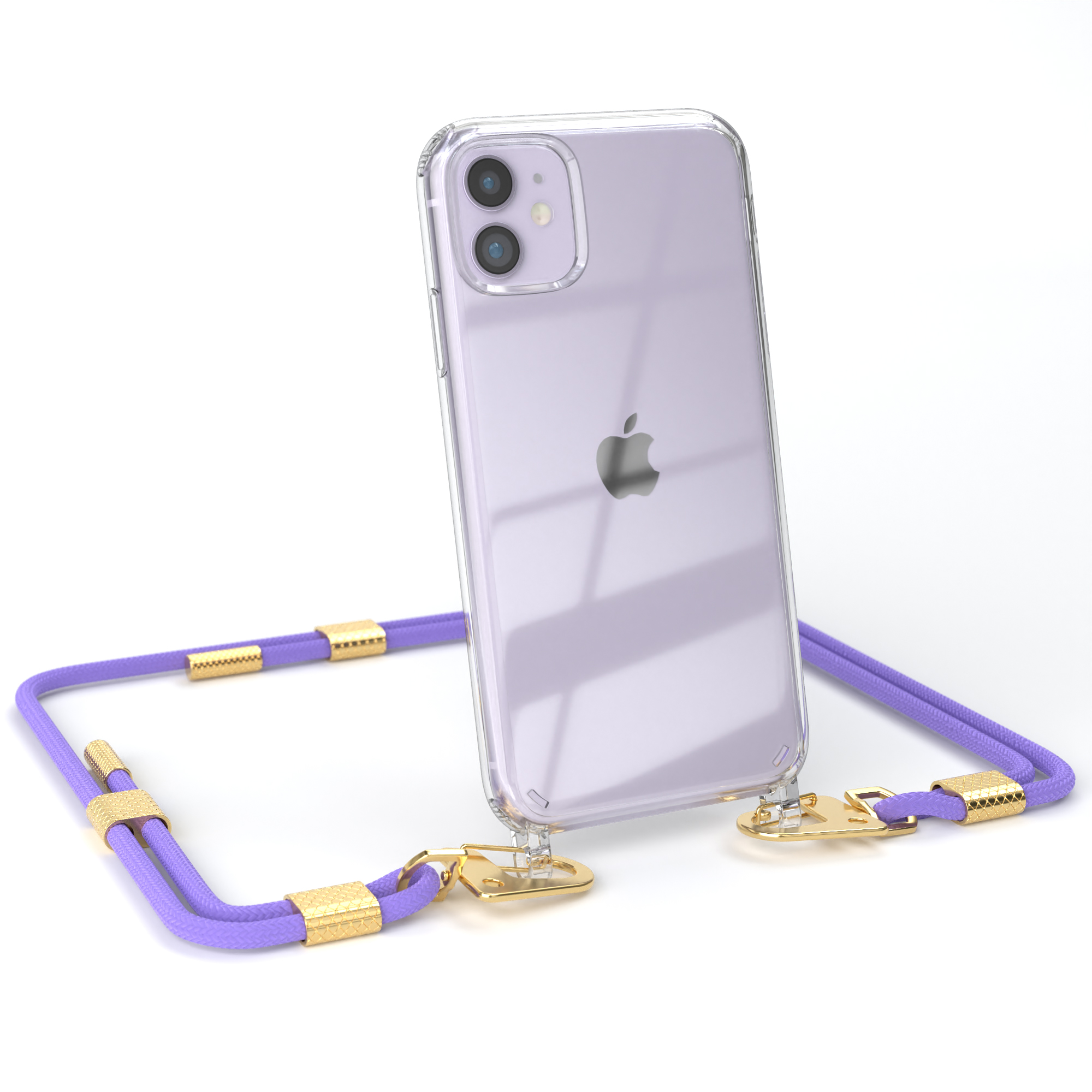 Eine transparente iPhone-Hülle mit lila Kordel, goldenen Akzenten und einem iPhone 12.