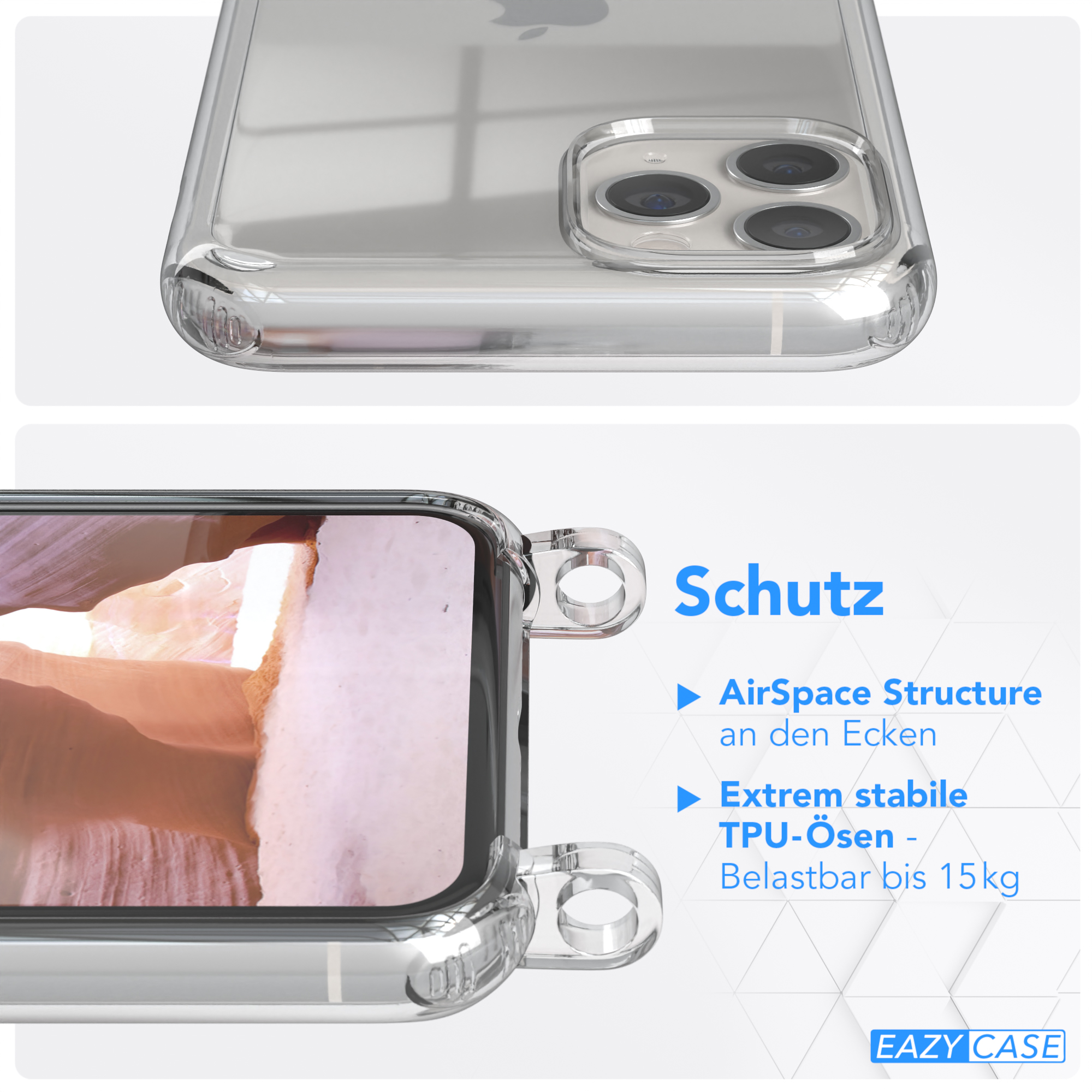 Eine transparente Handyhülle auf einem Telefon, mit Text über Schutz.