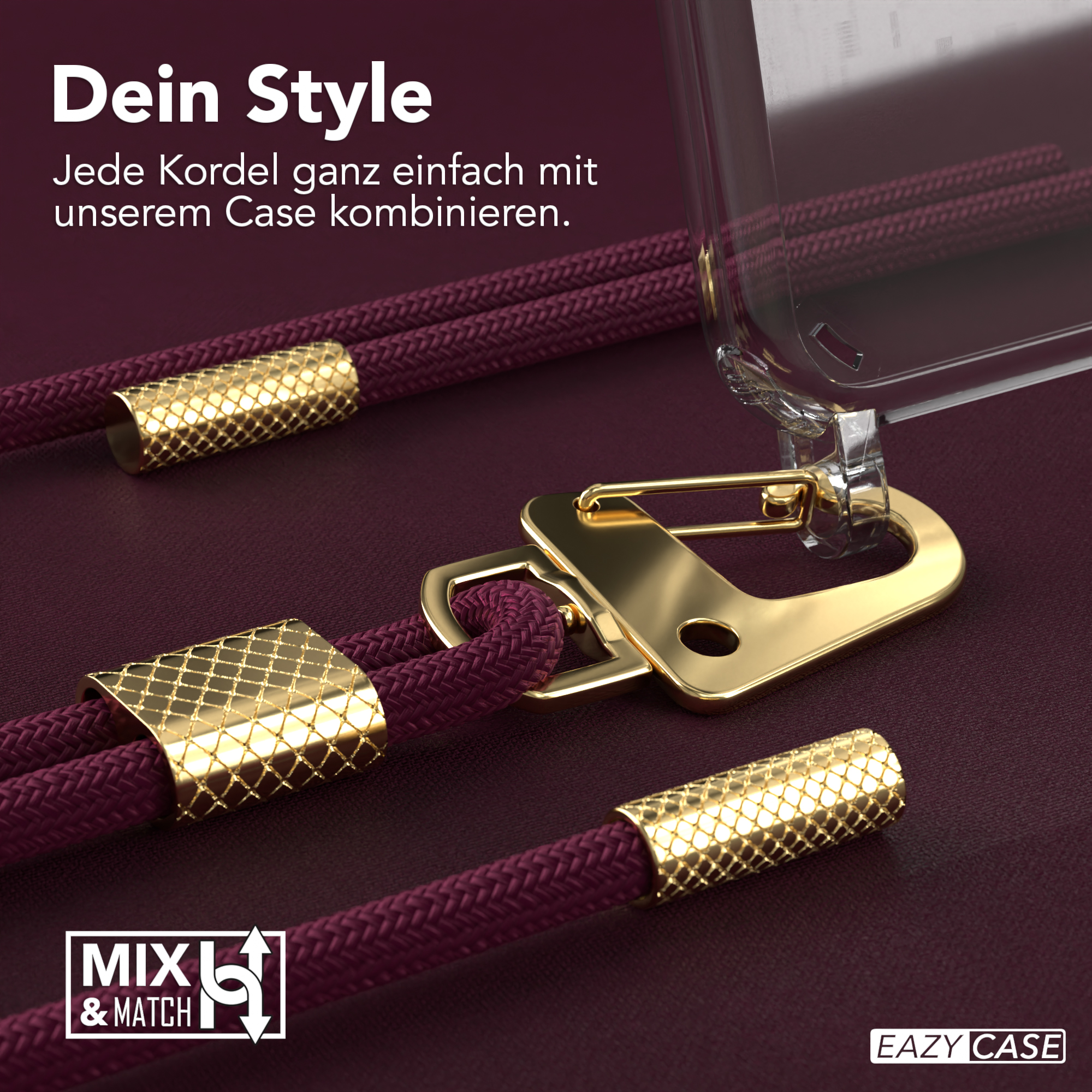 Nahaufnahme von Handykordel und Hülle. Kordel bordeaux mit goldenen Akzenten. Text: Dein Style.