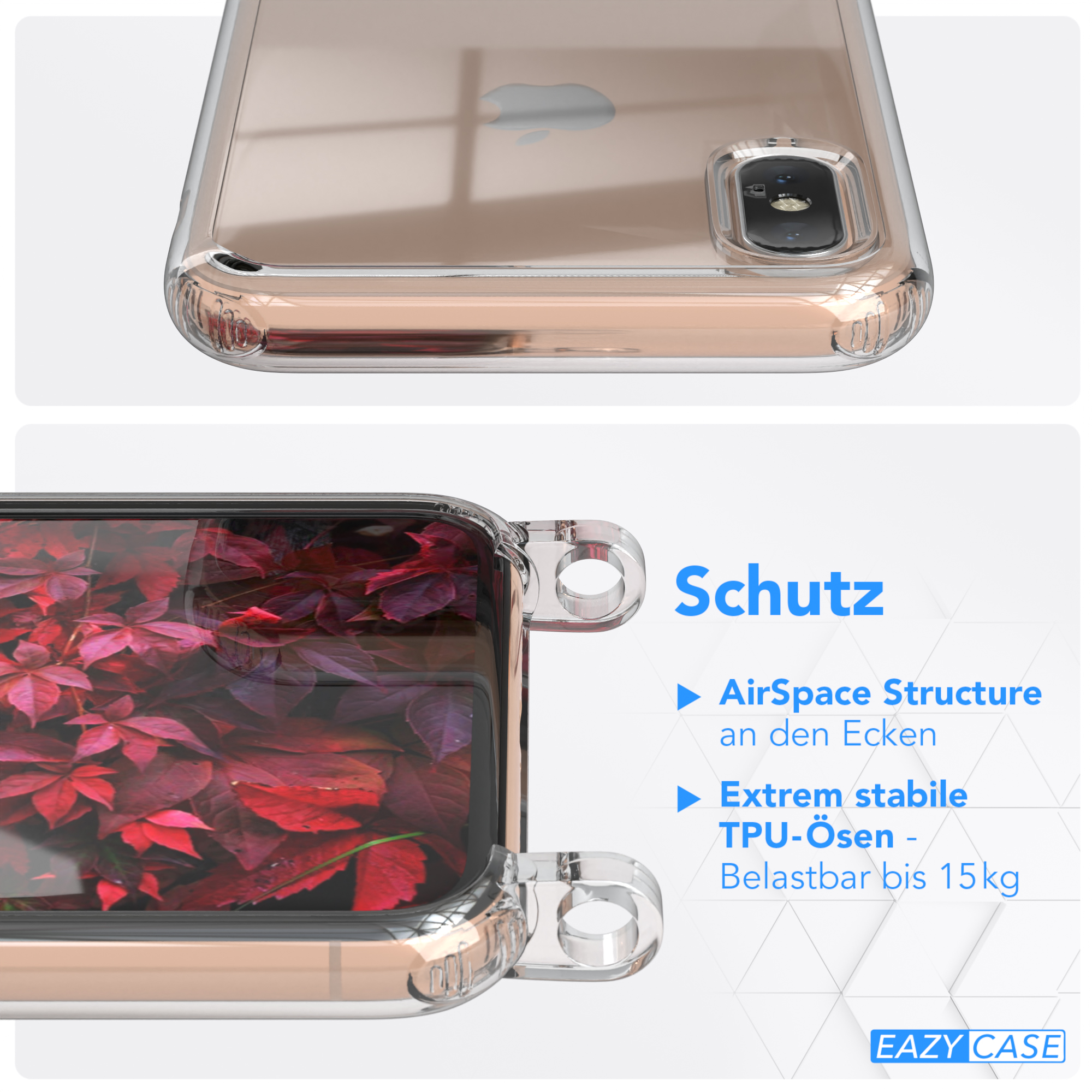 + Transparente Apple, Gold / CASE mit iPhone EAZY / XS, Umhängetasche, Bordeaux Karabiner, Handyhülle X Kordel runder