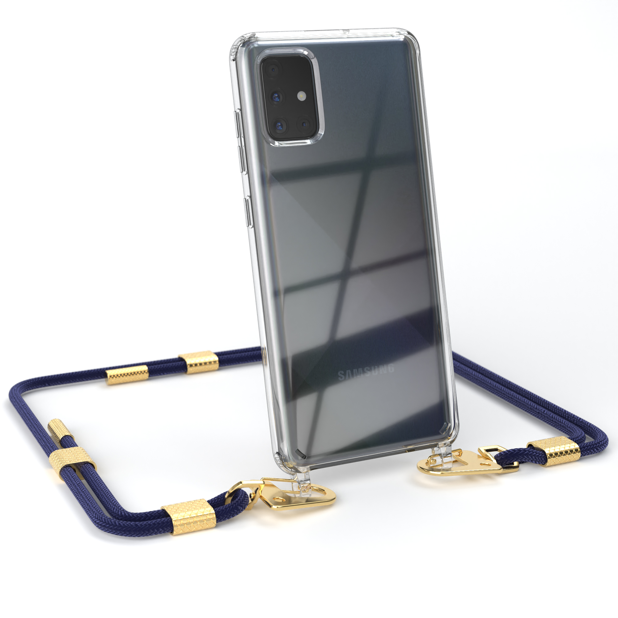 EAZY CASE Transparente Handyhülle mit / Umhängetasche, Galaxy + A71, Nachtblau Samsung, Karabiner, Gold Kordel runder