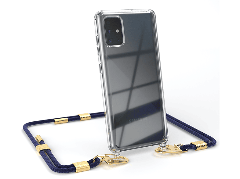 EAZY CASE Transparente Handyhülle mit runder Kordel + Karabiner, Umhängetasche, Samsung, Galaxy A71, Nachtblau / Gold