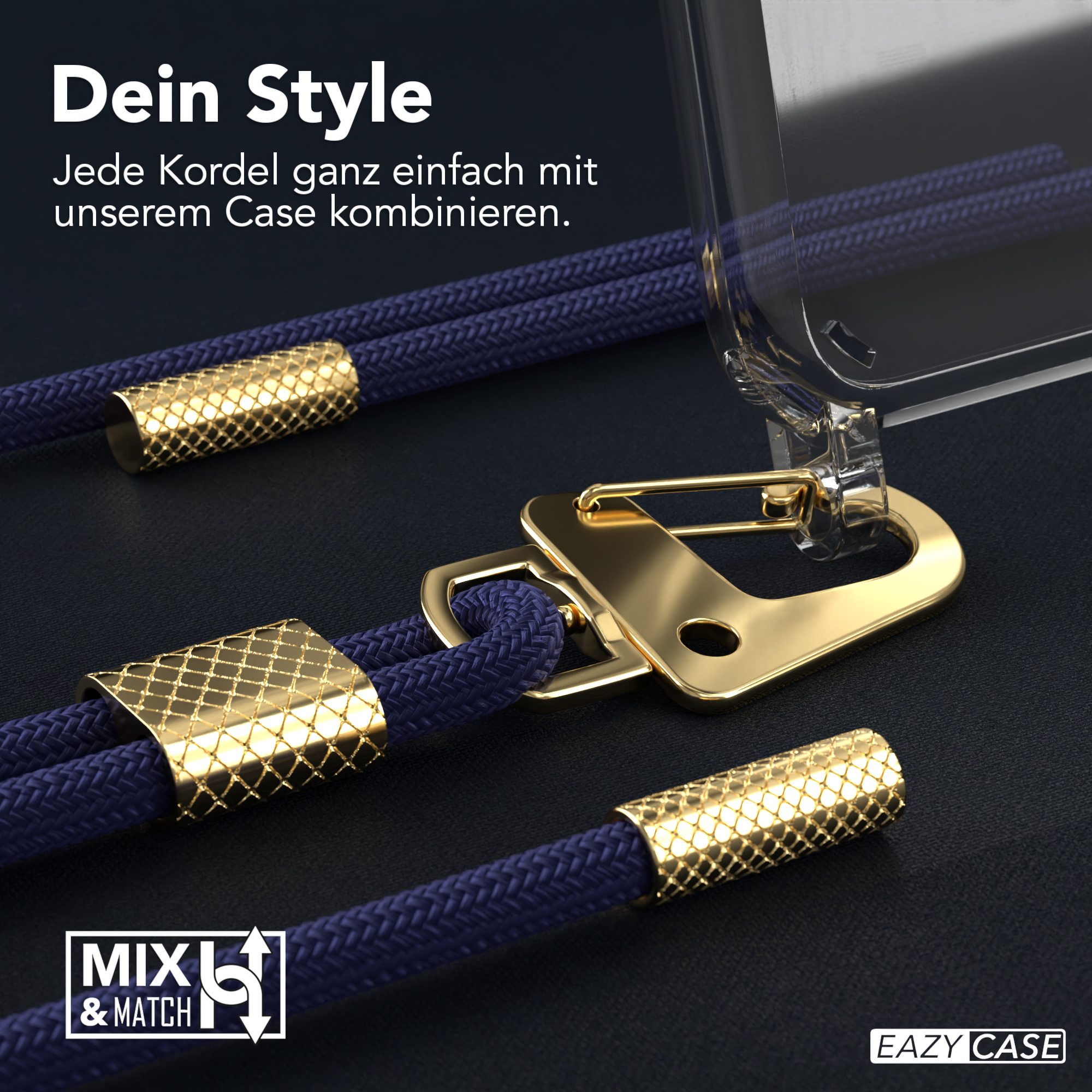Nahaufnahme einer blauen Handyhülle mit goldenen Details. Ein goldener Verschluss und blaues Seil.