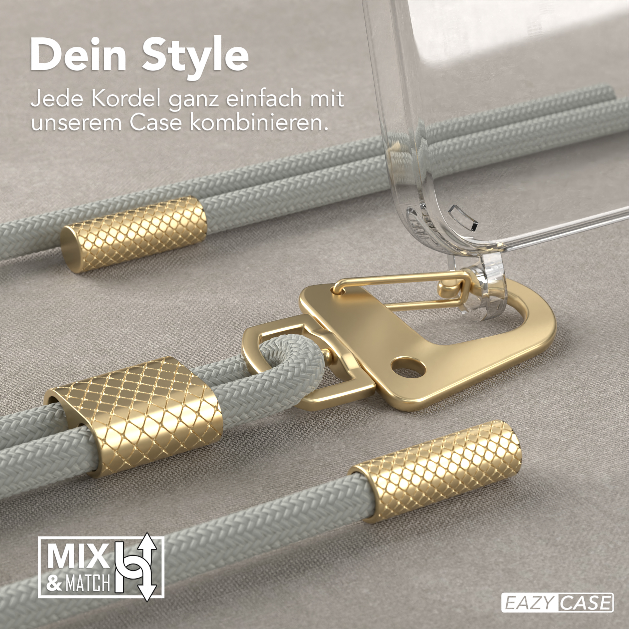 Nahaufnahme einer Handyhülle mit goldenem Verschluss und grauem Seil, Mix-and-Match-Stil.