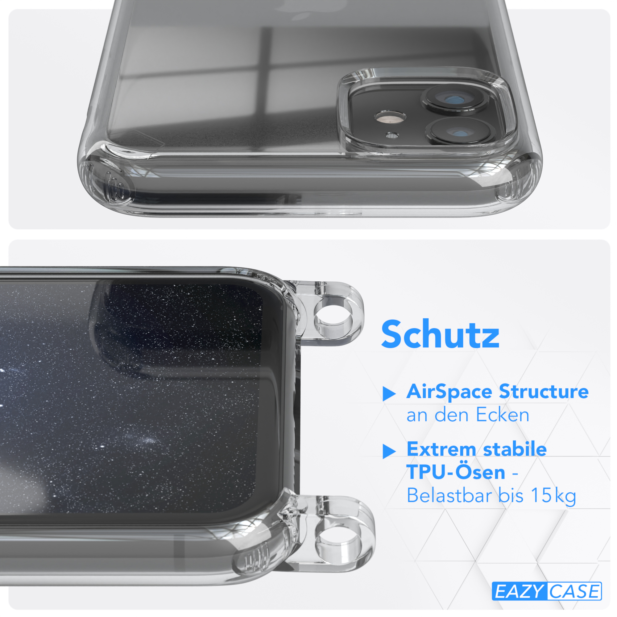Handyhülle 11, CASE runder Kordel / iPhone EAZY Apple, mit Umhängetasche, Karabiner, + Gold Transparente Nachtblau