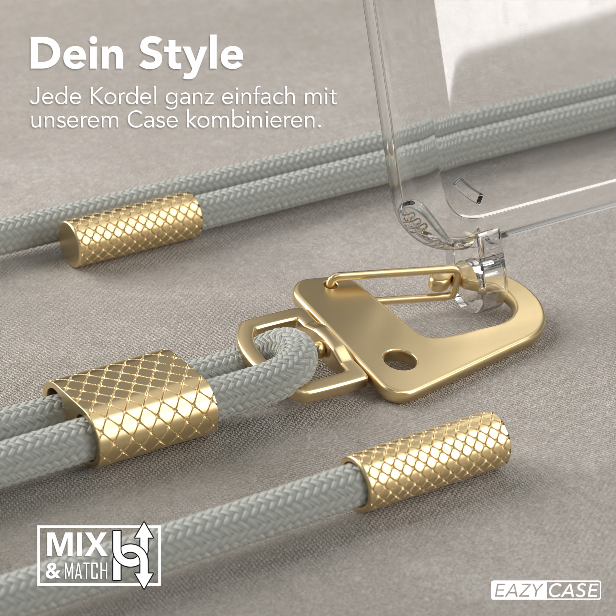 Handyhülle und goldene Hardware, mit grauem geflochtenem Lanyard. Text: Dein Style, Mix & Match Logo.
