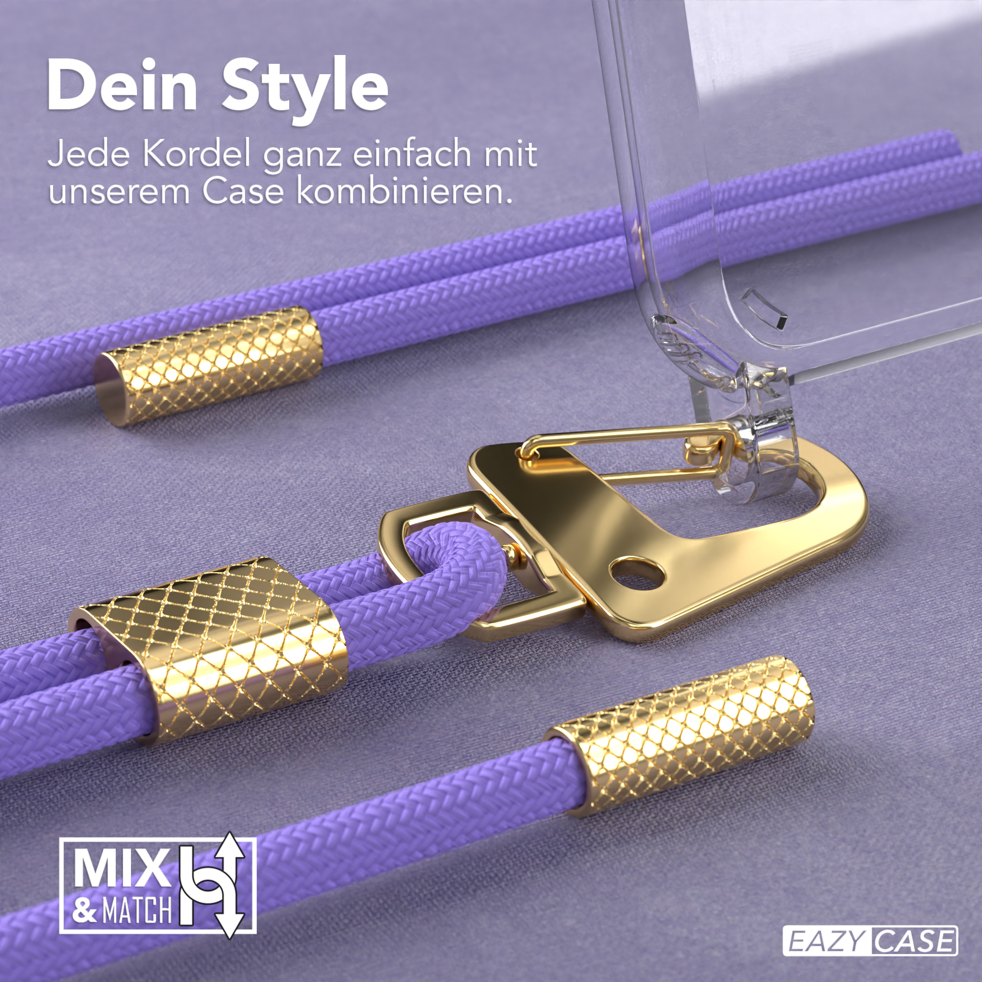 Nahaufnahme eines lila Telefonriemens mit goldenen Akzenten. Eine transparente Handyhülle ist ebenfalls abgebildet.