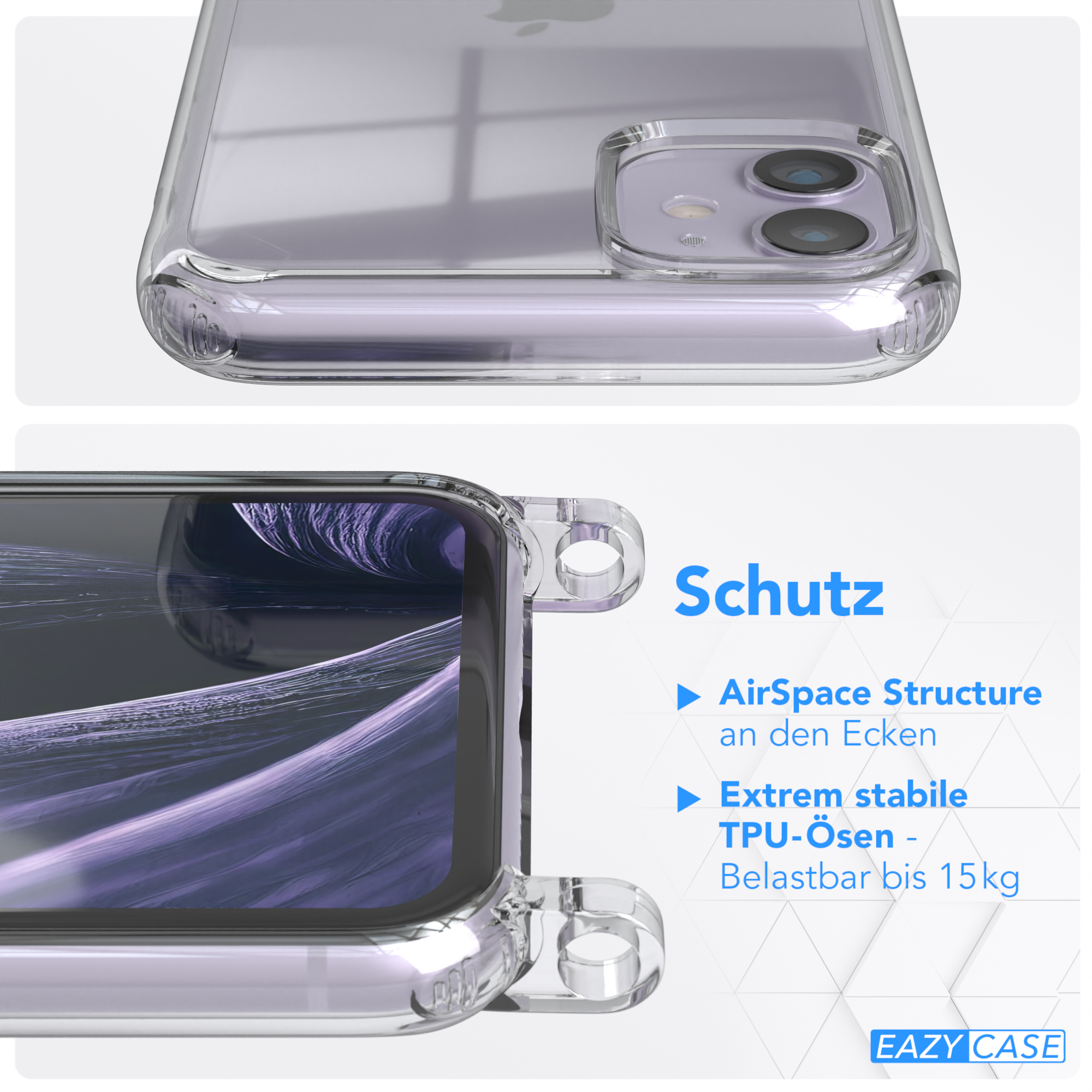 Transparente Handyhülle, Nahaufnahme von Kamera und Seite mit Text.