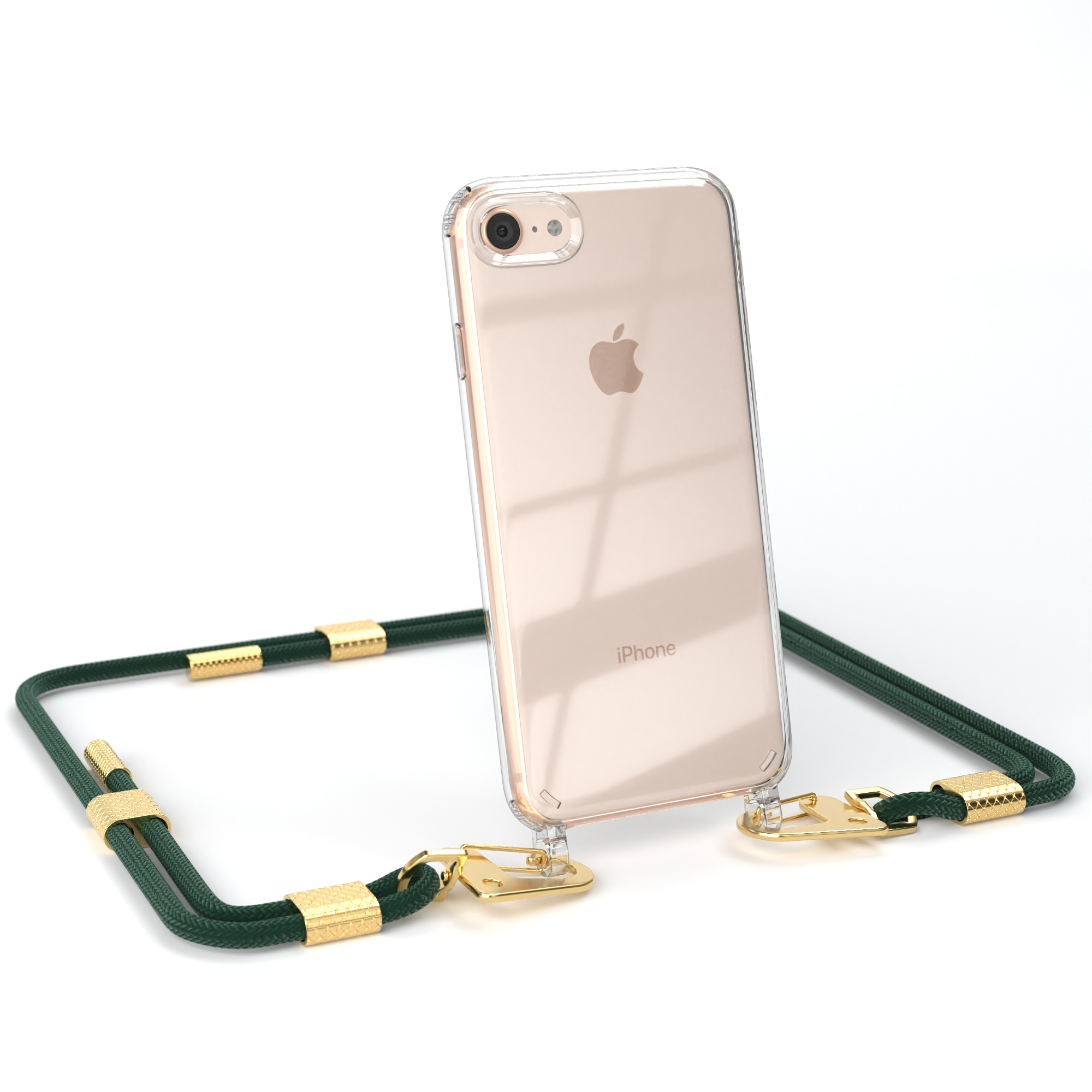 Transparente Handyhülle mit grünem Kordel. Das Telefon ist goldfarben.