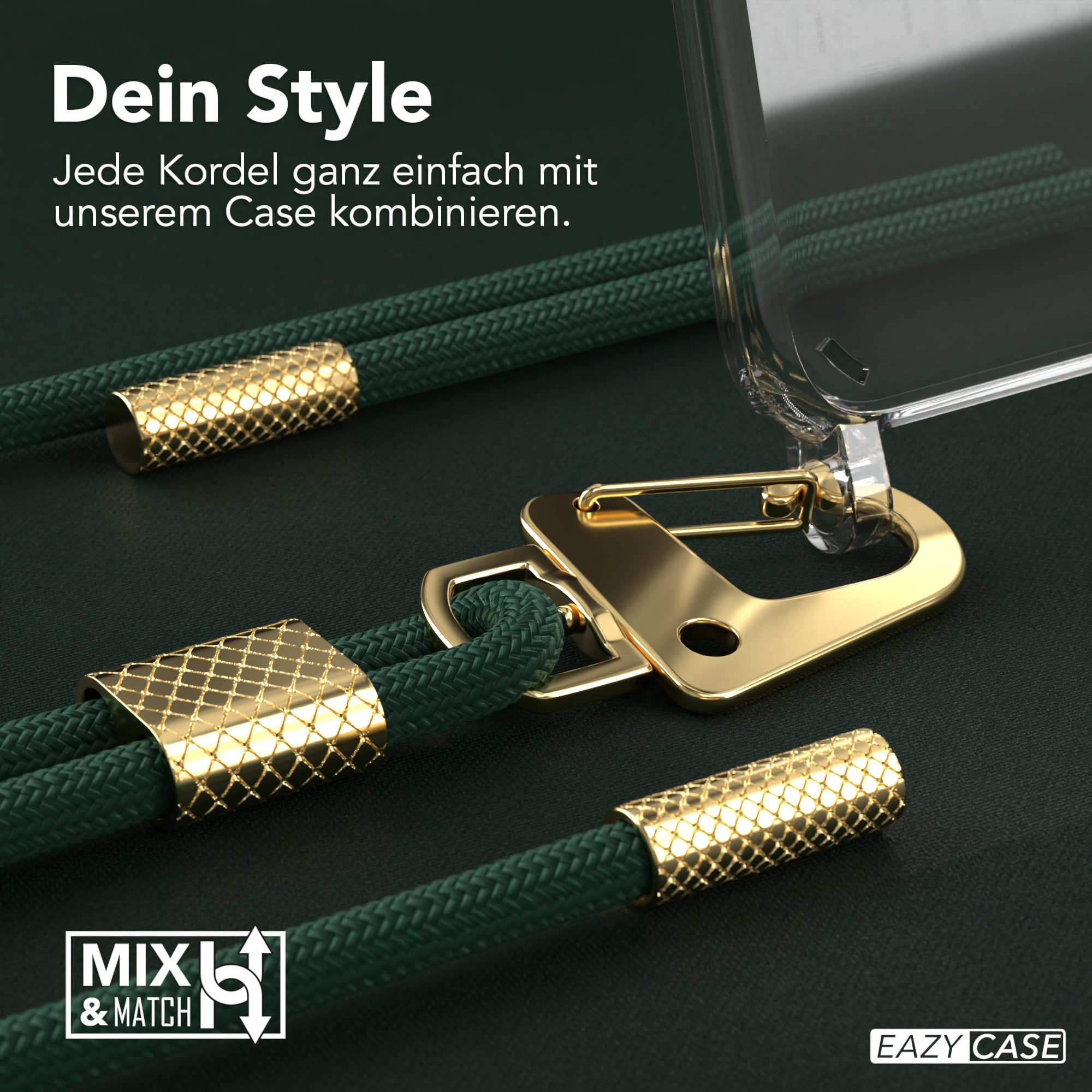 Nahaufnahme einer dunkelgrünen Handykordel mit goldenen Metallakzenten und einer transparenten Handyhülle.