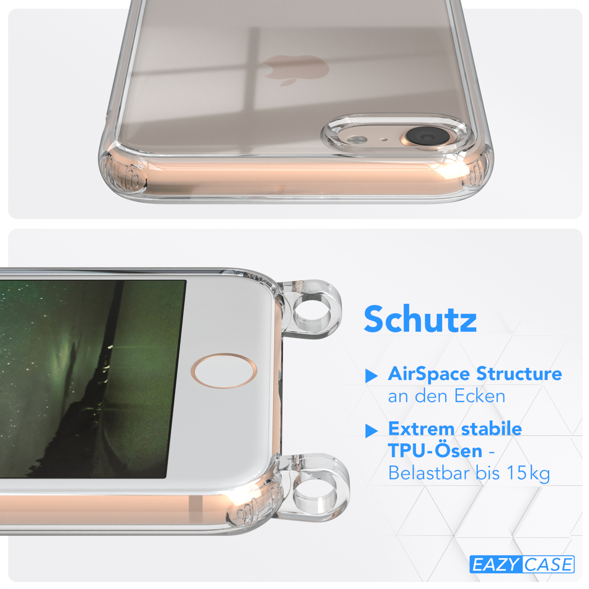Transparente Handyhülle, Nahaufnahme von Kamera und Seite mit Text.