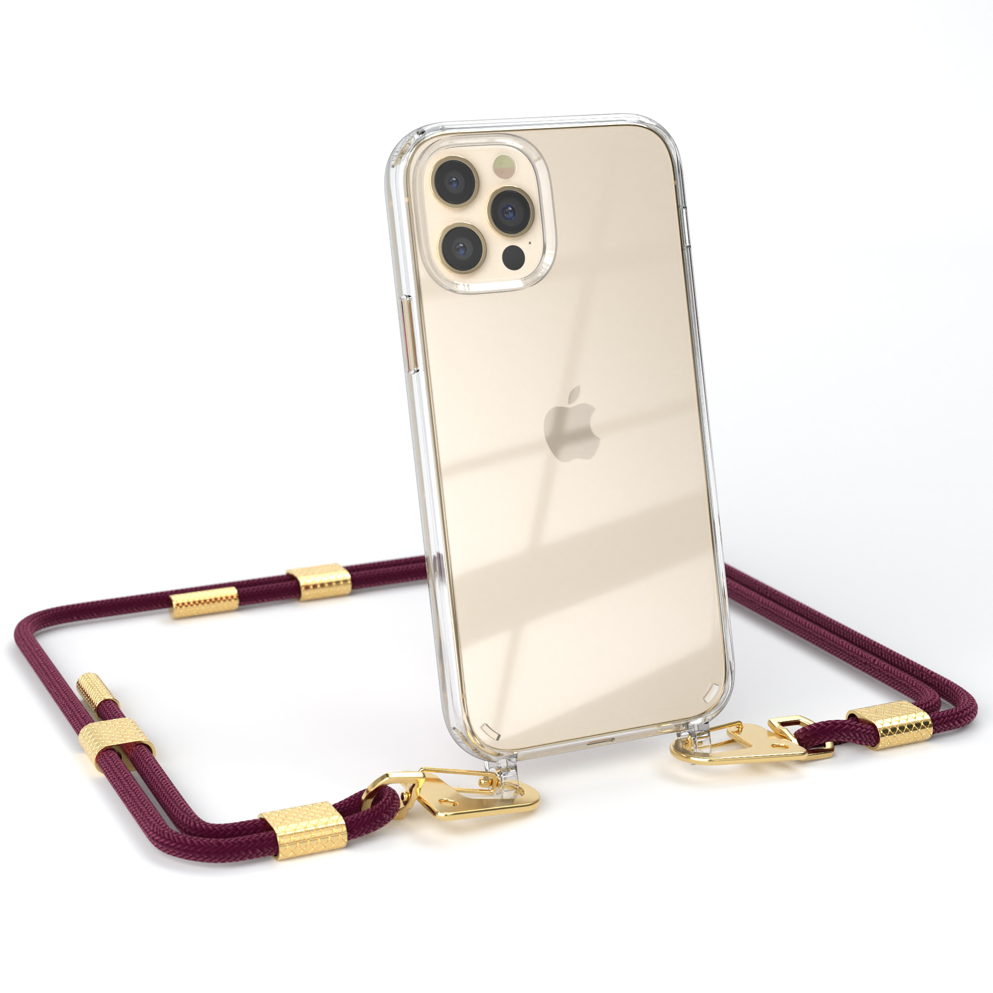 Kordel 12 EAZY Umhängetasche, Gold Pro, + mit iPhone Karabiner, CASE / Bordeaux runder / 12 Transparente Handyhülle Apple,