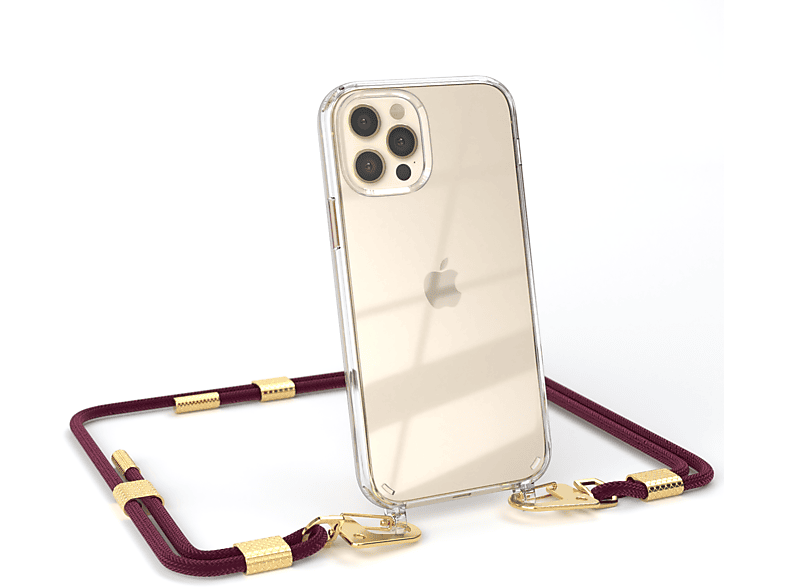EAZY CASE Transparente Handyhülle mit runder Kordel + Karabiner, Umhängetasche, Apple, iPhone 12 / 12 Pro, Bordeaux / Gold