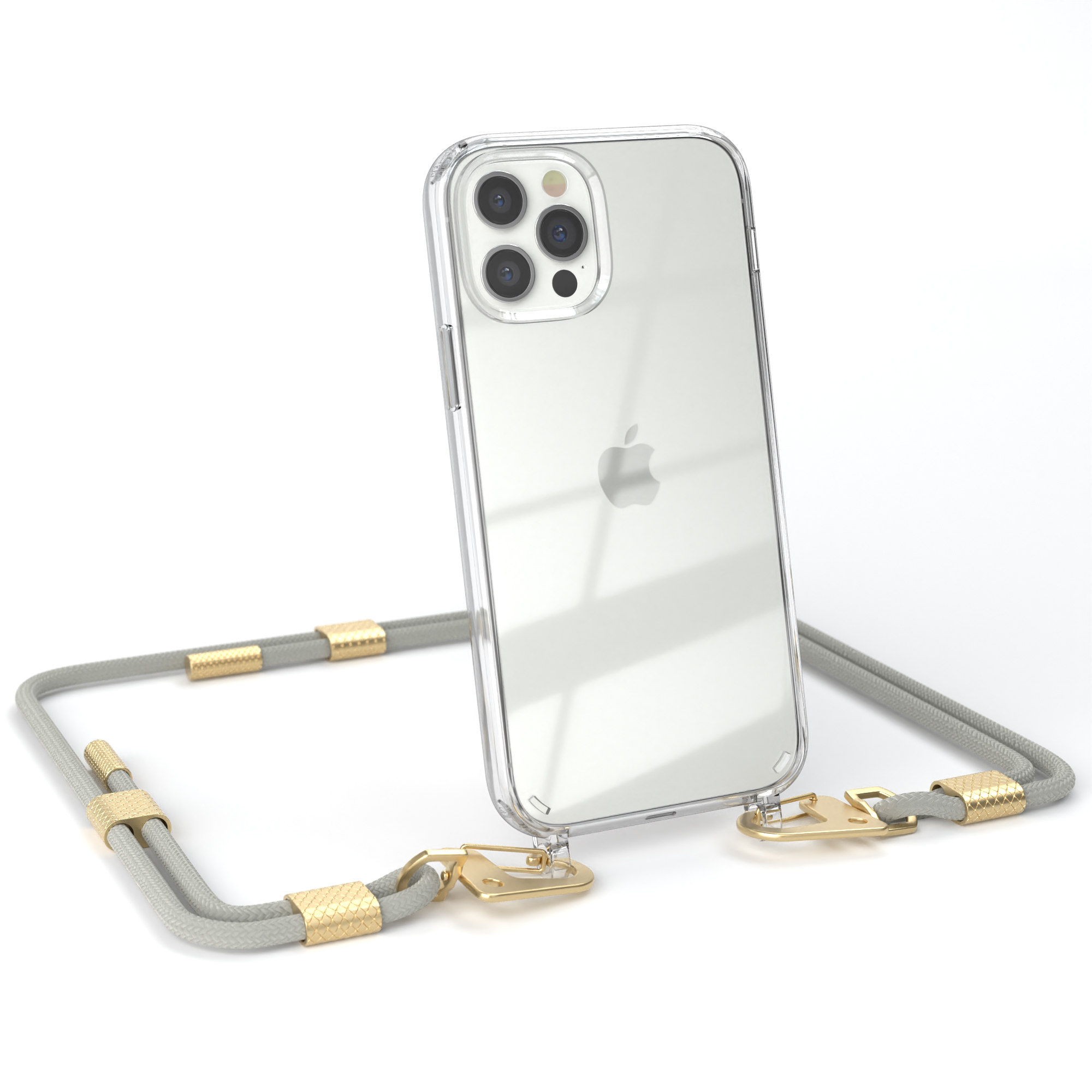Transparente Handyhülle mit grauem Kordel und goldenen Akzenten, hält ein Handy.