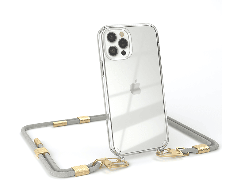 EAZY CASE Transparente Handyhülle mit runder Kordel + Karabiner, Umhängetasche, Apple, iPhone 12 / 12 Pro, Taupe Beige / Matt Gold