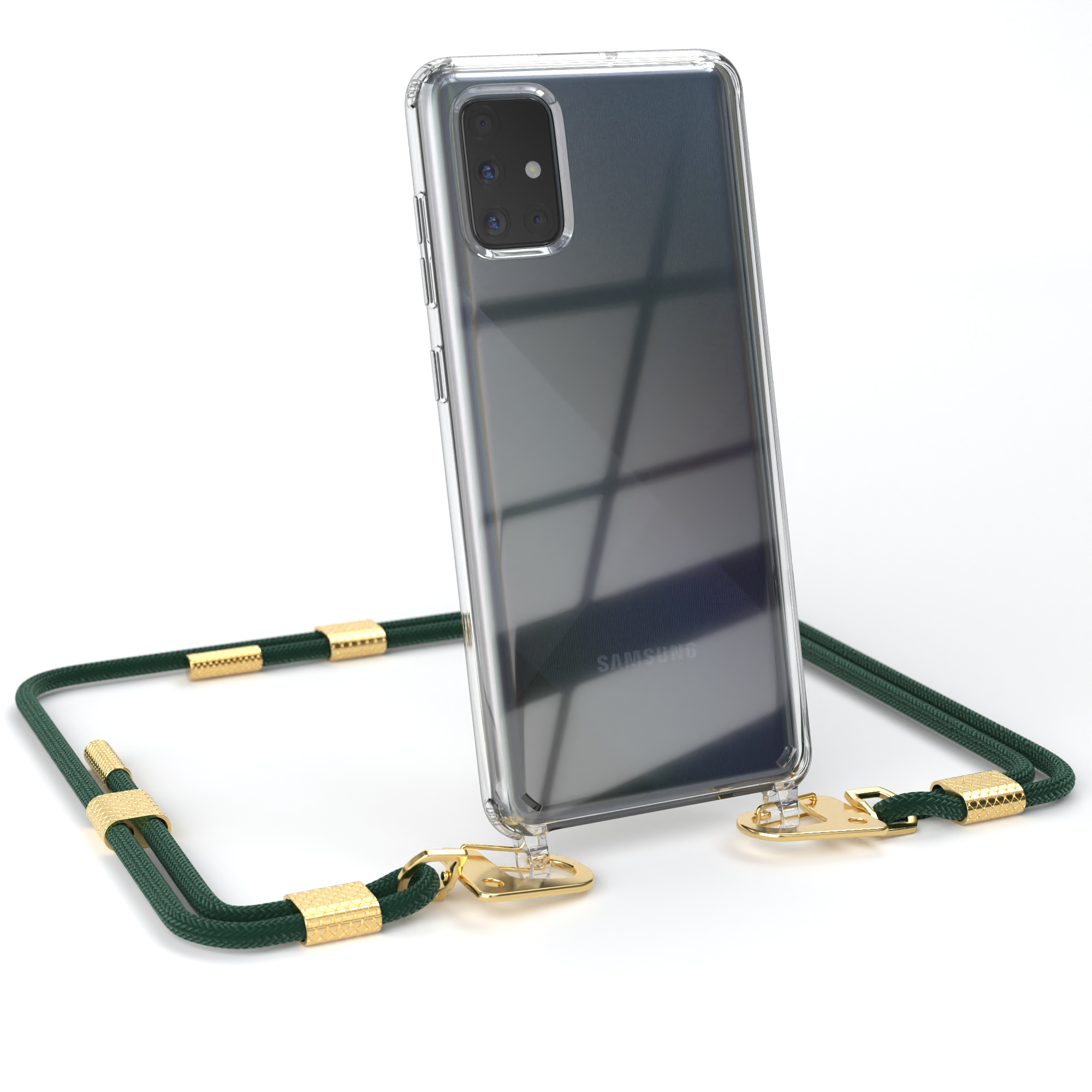EAZY CASE Transparente Handyhülle mit / A71, Karabiner, Umhängetasche, Galaxy Kordel Samsung, runder + Gold Nachtgrün