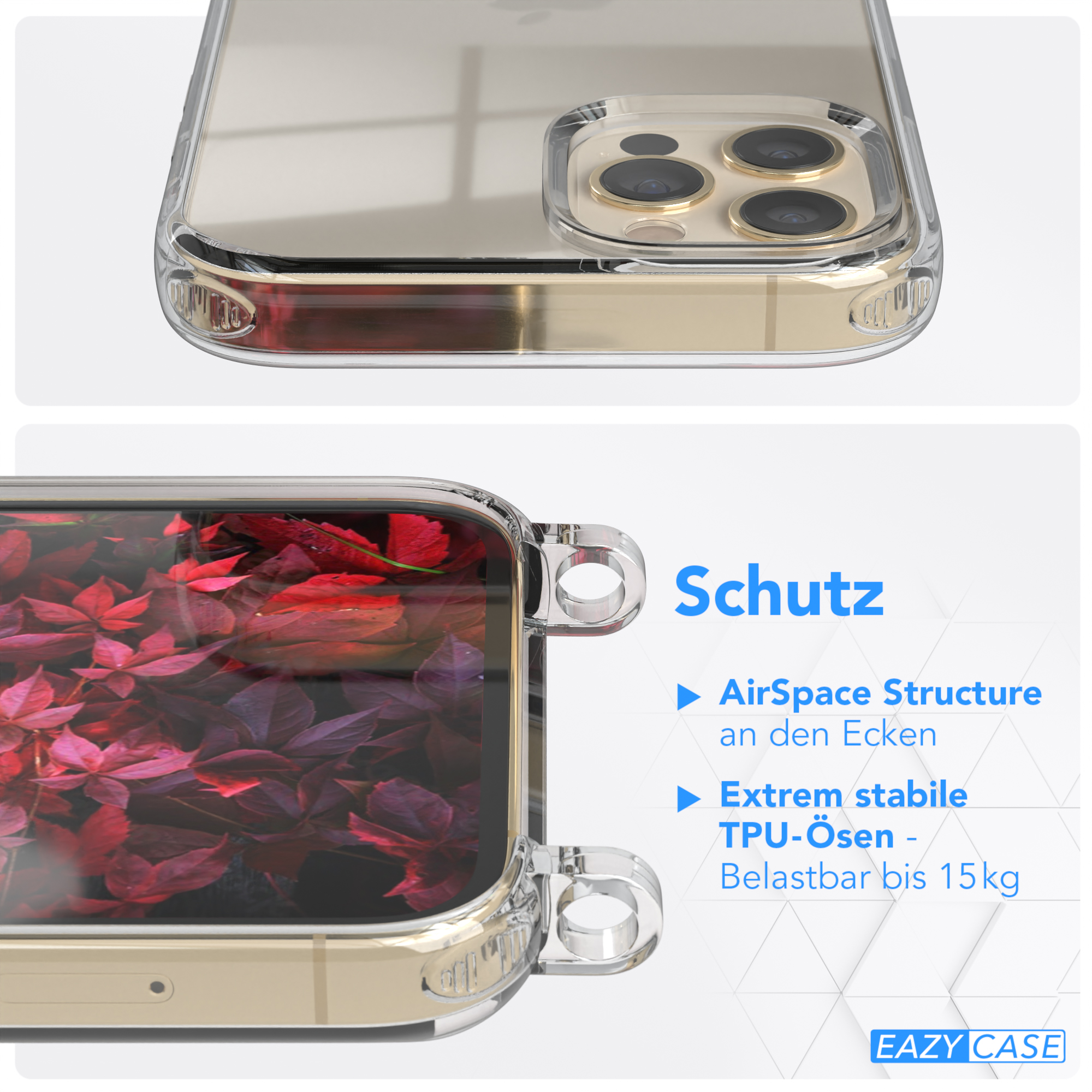 EAZY CASE Transparente Handyhülle / 12 / 12 Pro, Bordeaux Kordel Apple, Gold Umhängetasche, + runder iPhone Karabiner, mit