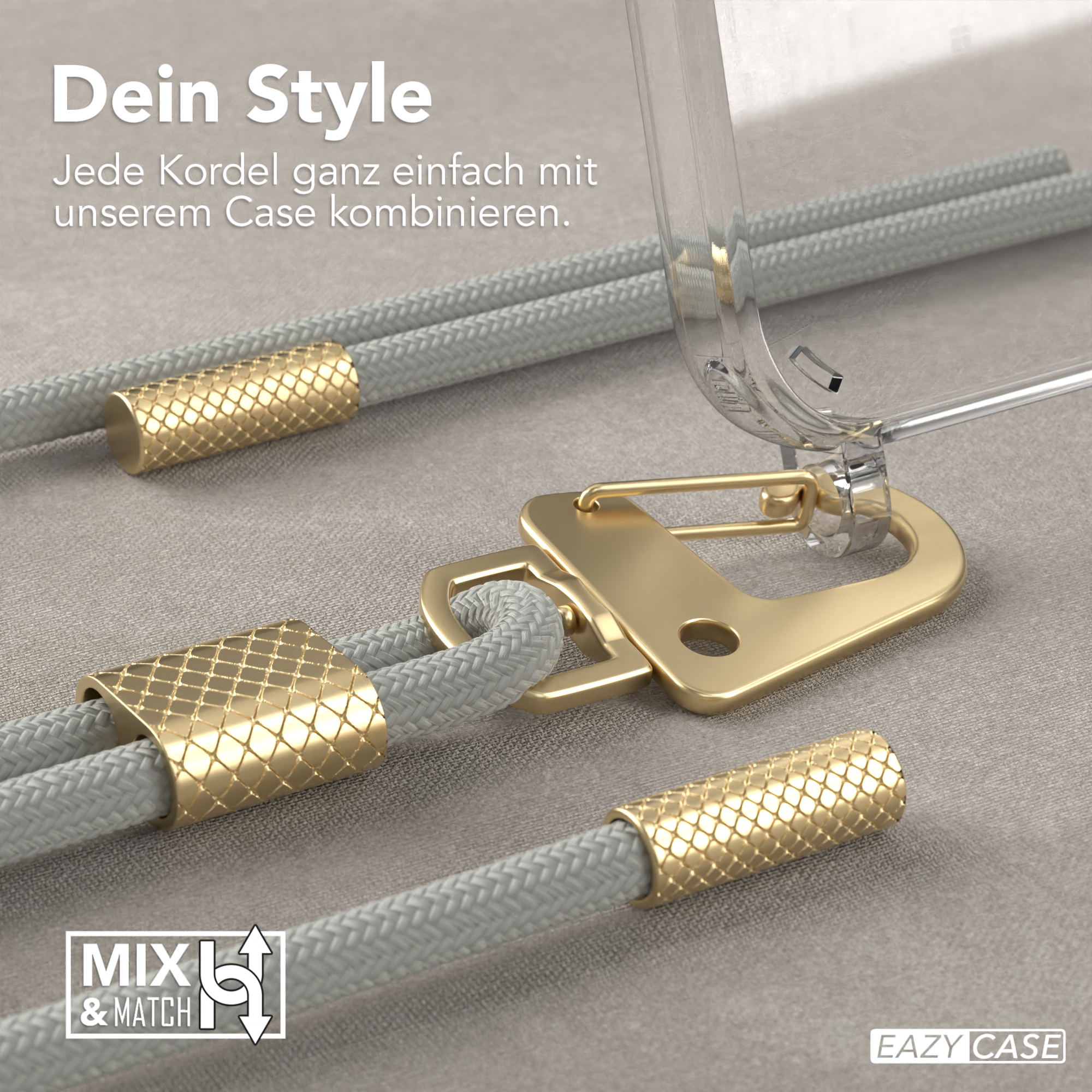 Nahaufnahme einer Telefonschnur mit goldenen Akzenten. Text: 'Mix & Match'.