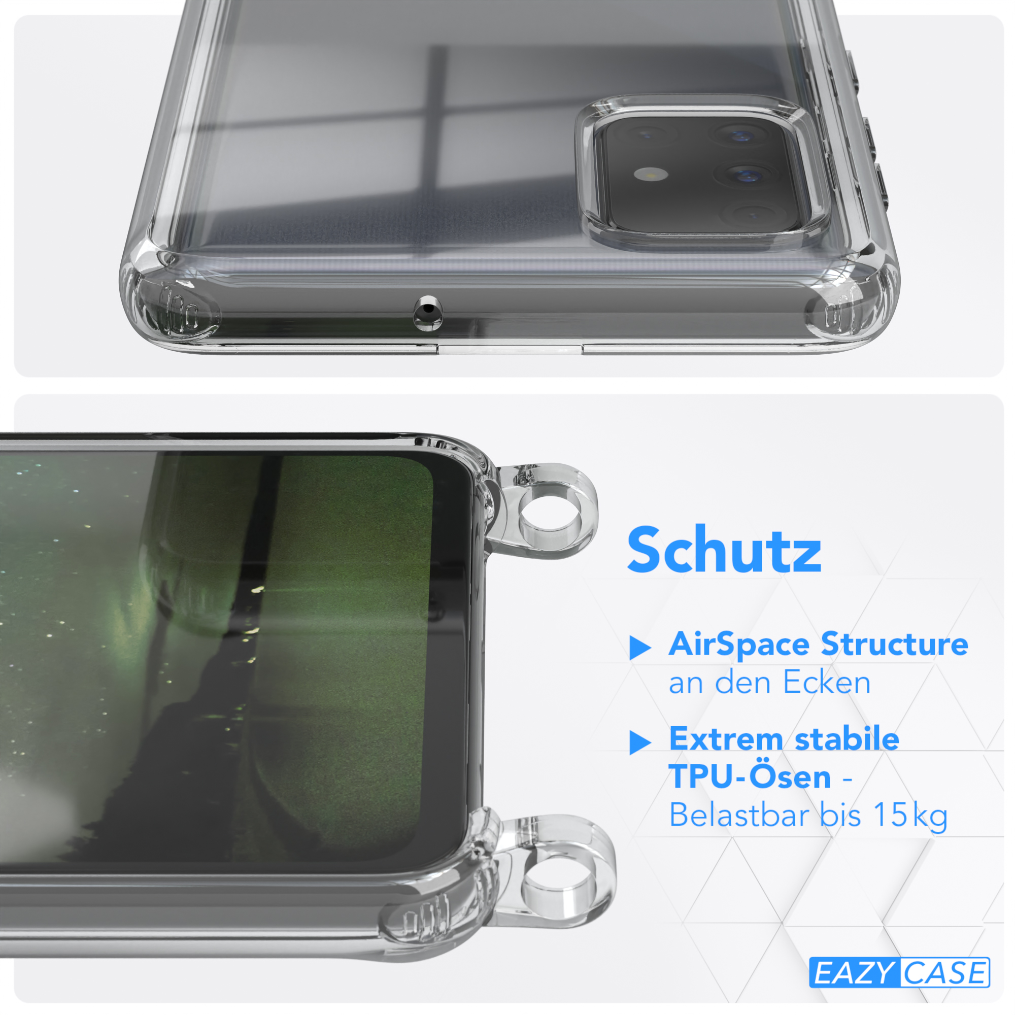EAZY CASE A71, runder / mit Karabiner, + Transparente Nachtgrün Galaxy Handyhülle Kordel Gold Umhängetasche, Samsung