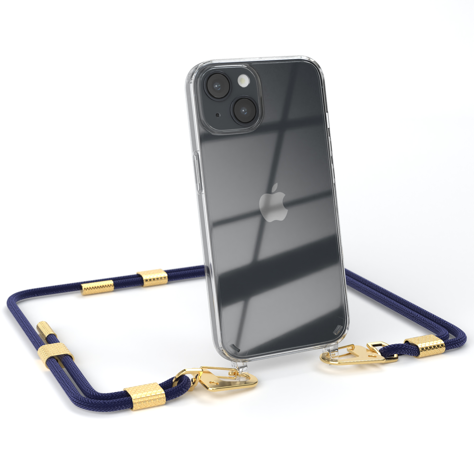 Eine transparente Handyhülle mit marineblauem Schlüsselband und goldenen Akzenten, auf weißem Hintergrund.
