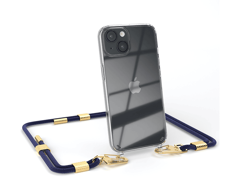 EAZY CASE Gold Karabiner, Transparente + Kordel Handyhülle / iPhone 14, Nachtblau Apple, runder mit Umhängetasche