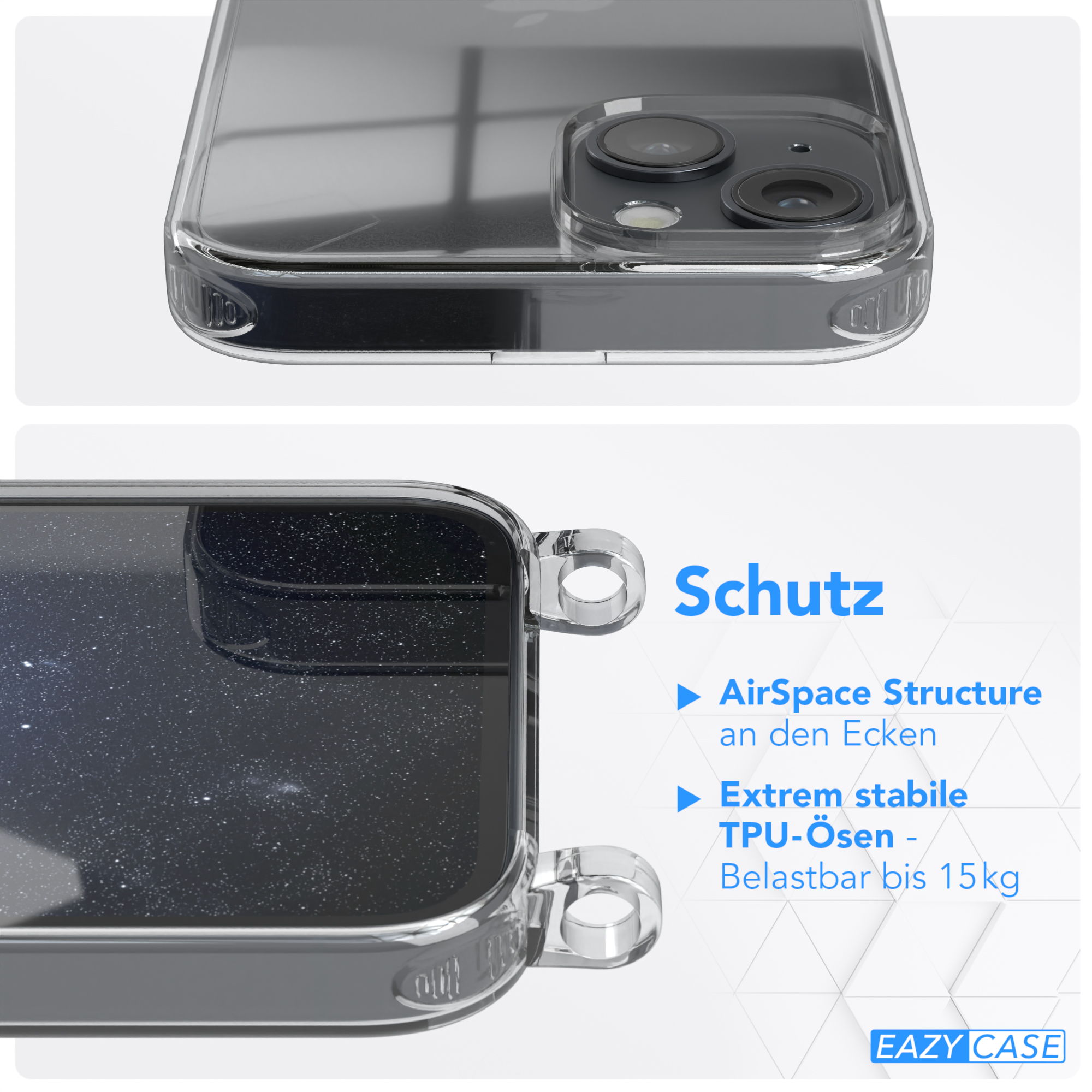 Transparente Handyhülle auf einem Handy. Die Hülle ist transparent mit grauem Rahmen.