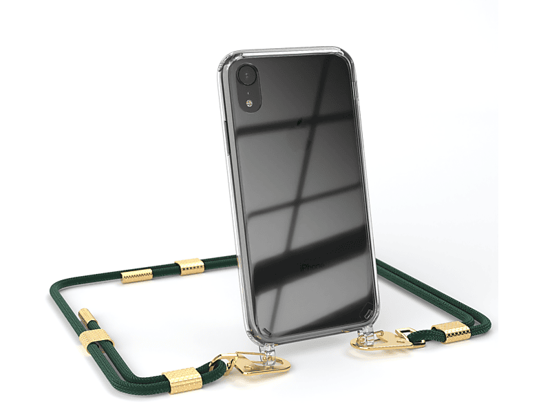 EAZY CASE Transparente Handyhülle mit runder Kordel + Karabiner, Umhängetasche, Apple, iPhone XR, Nachtgrün / Gold