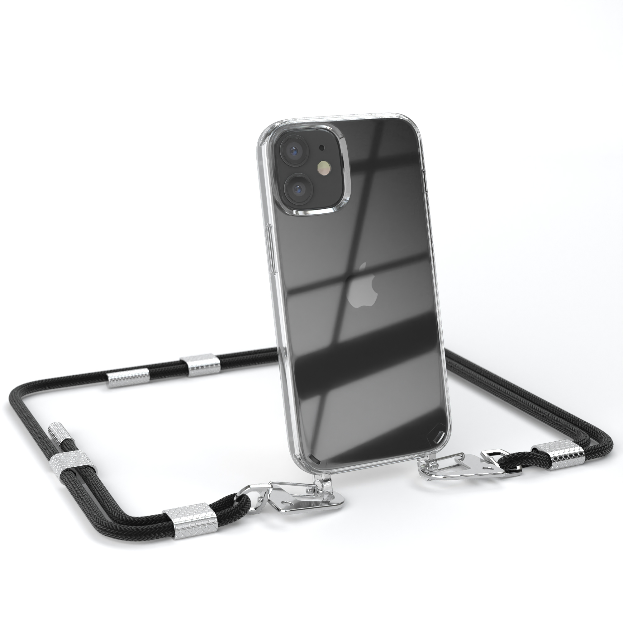 Schwarzes Telefon mit durchsichtiger Hülle und schwarzem Umhängeband. Auf weißem Grund.