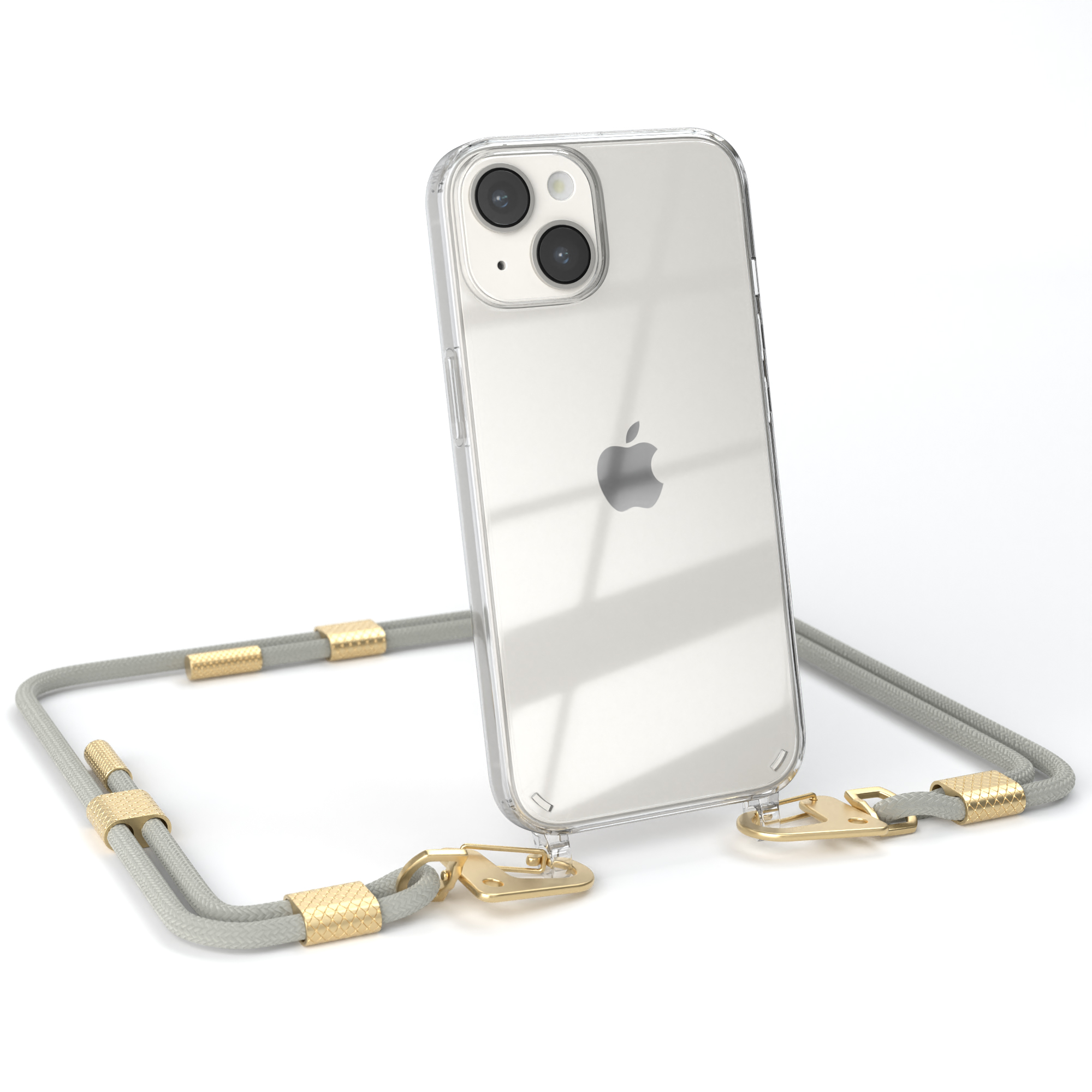 Eine transparente Handyhülle mit einem grauen Seil. Das Telefon hat das Apple-Logo.