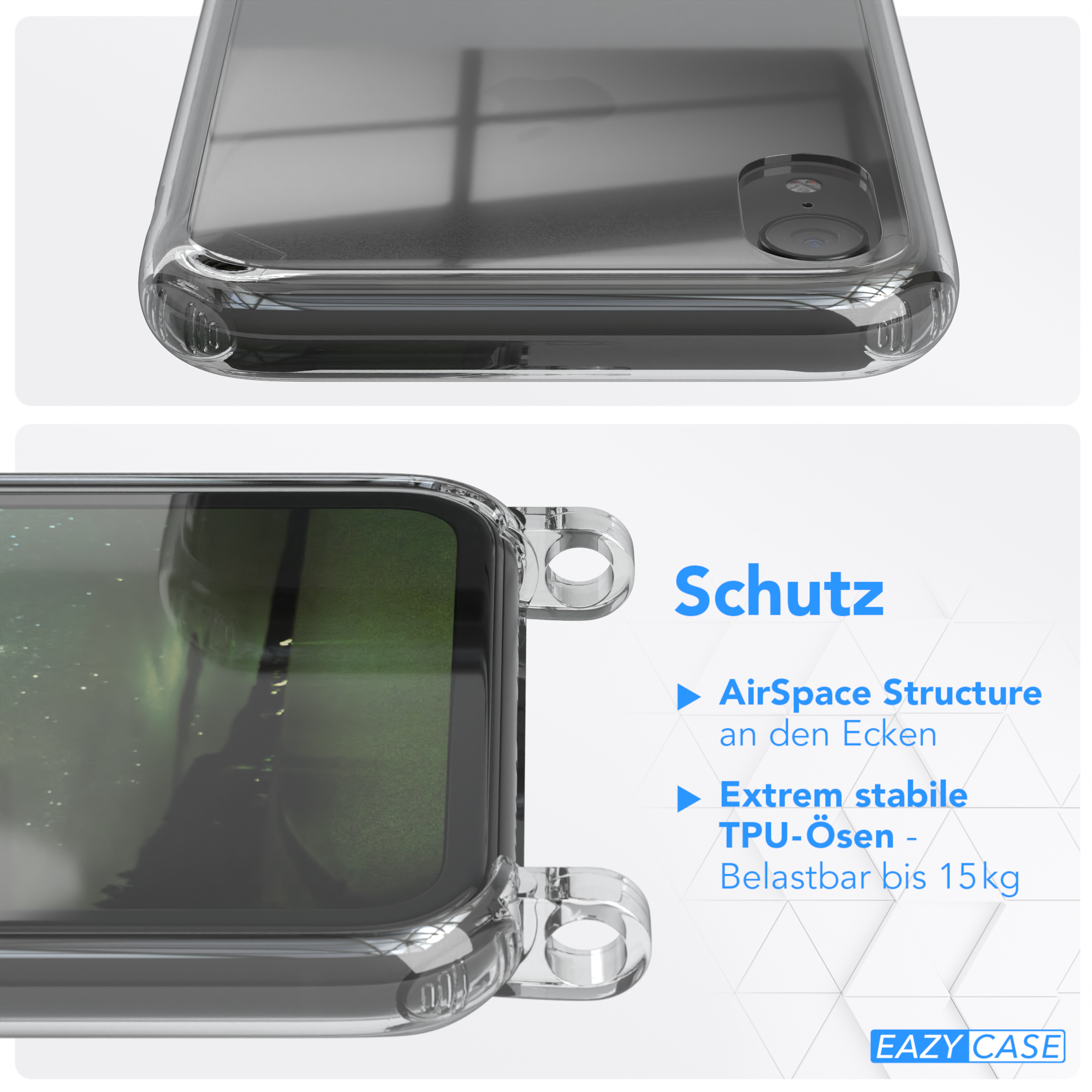 Nahaufnahme der Handyhülle mit Text über AirSpace-Struktur und TPU-Schutz für das Telefon.
